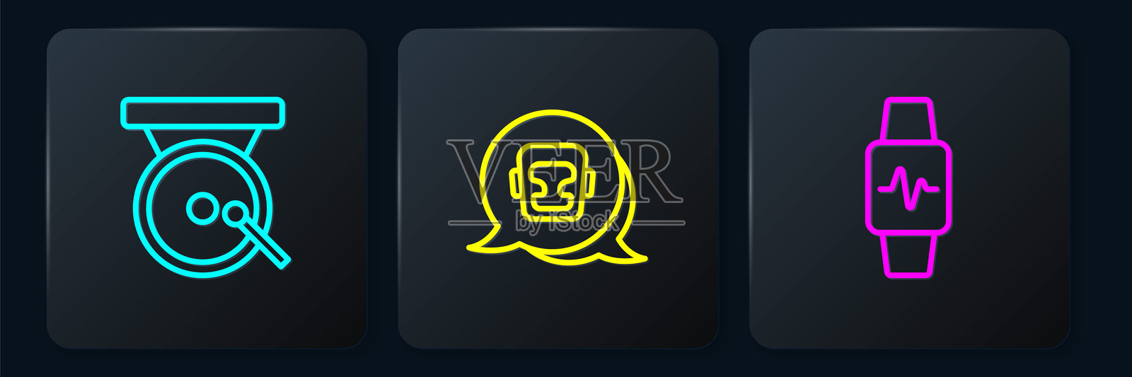 设置线条拳击锣，带心率监测的智能手表和头盔。黑色方形按钮。矢量图。插画图片素材