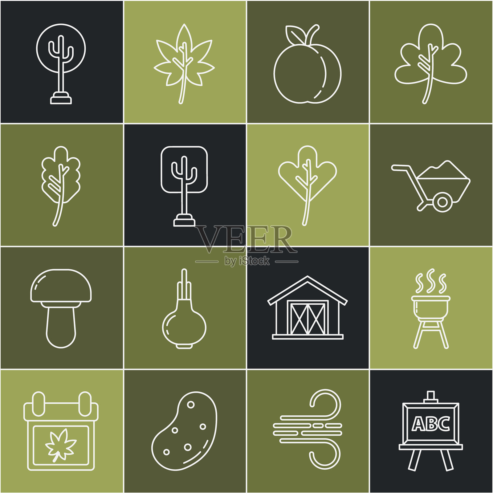 线条图，黑板，烧烤架，装有泥土的手推车，桃子，树，叶子，图标。矢量图插画图片素材