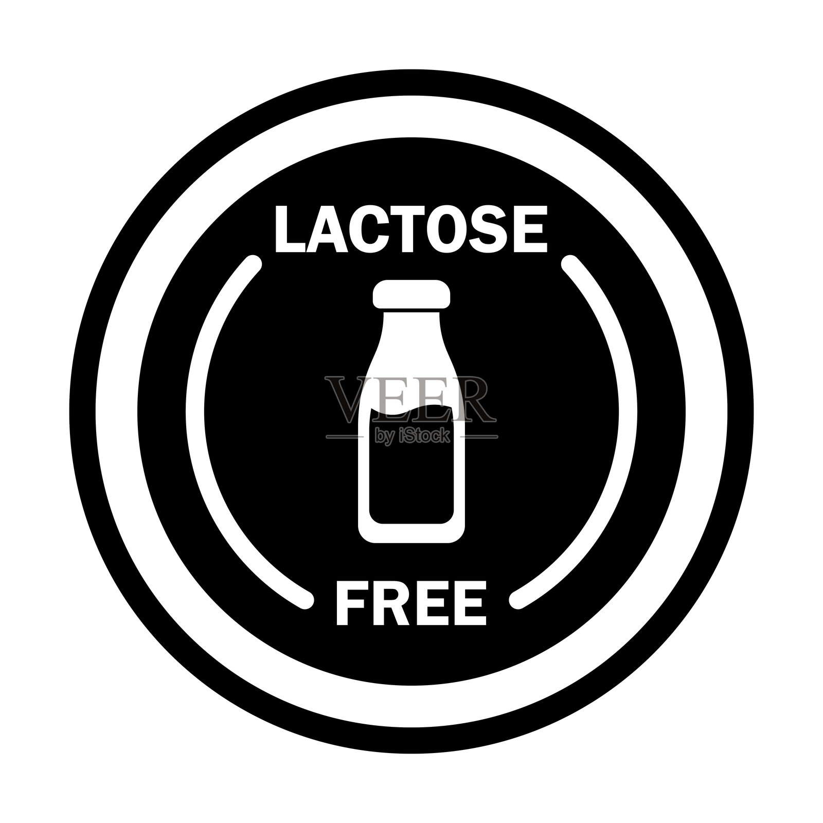 无乳糖食品标签、贴纸、标志。圆形徽标，牛奶瓶和文字。孤立的矢量图标插画图片素材
