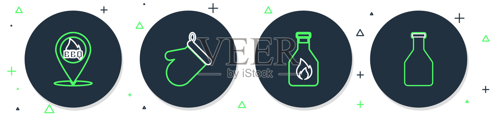 烤箱手套、番茄酱瓶、烧烤地点和图标。矢量图。插画图片素材