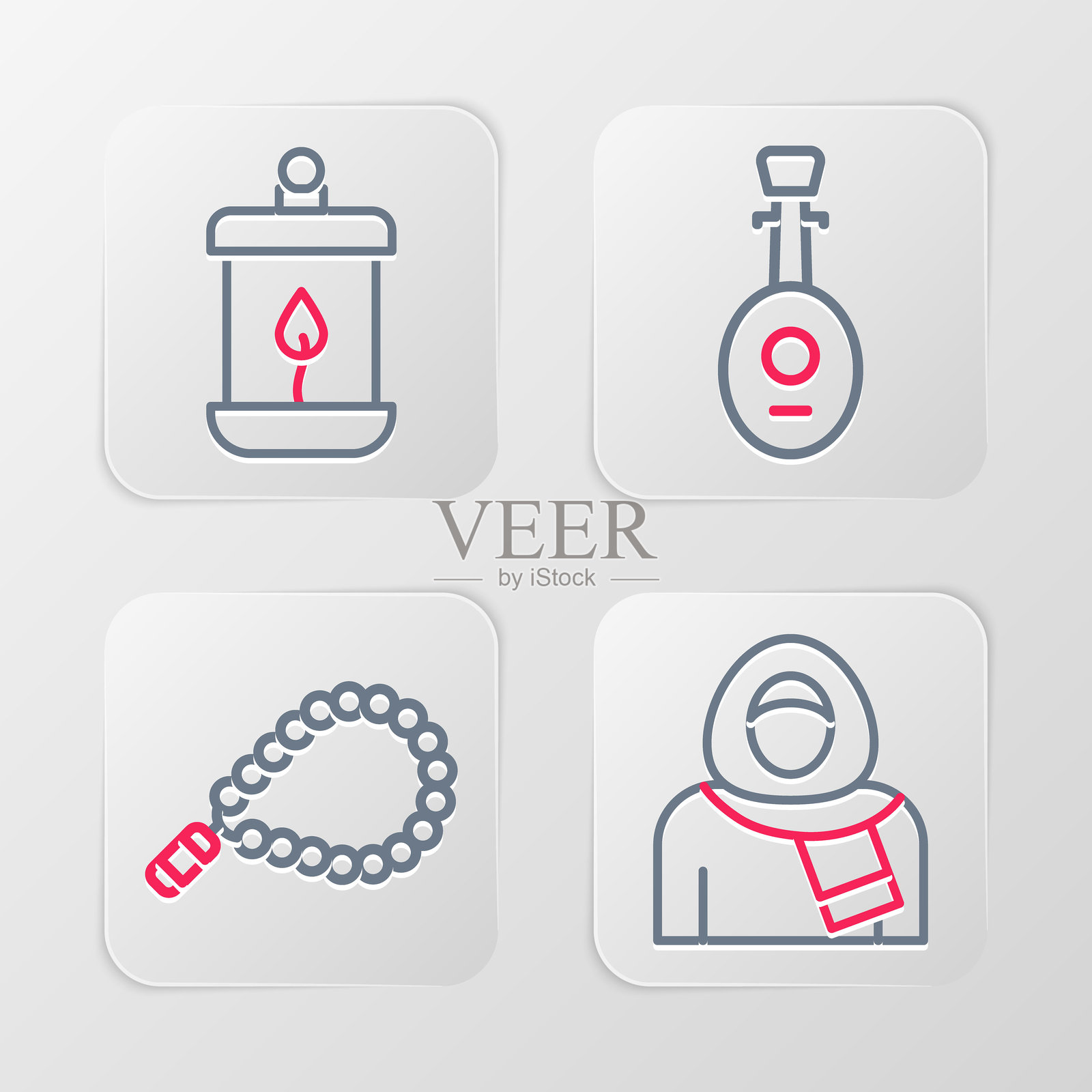 身穿头巾的穆斯林女性，宗教念珠，鲁特琴和斋月快乐灯笼图标。矢量图。插画图片素材