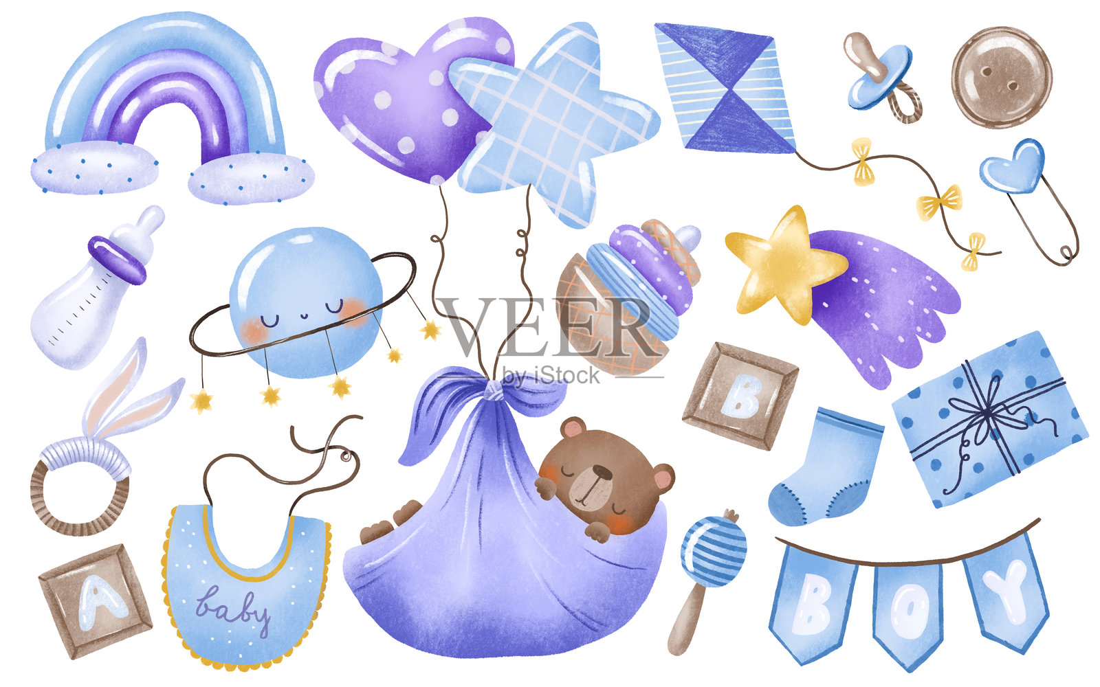 小熊乘坐氦气气球飞翔。新生男婴物品插图。手绘剪贴画。儿童用品的水彩画。积木、袜子、奶嘴和奶瓶。适合洗礼派对或生日庆祝。插画图片素材