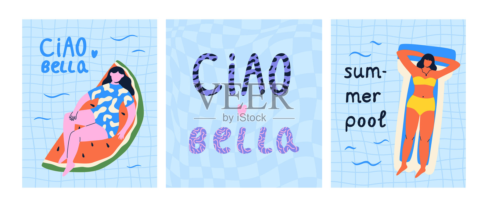 女性在泳池中玩得开心。色彩缤纷的人物在游泳垫上。你好，美丽。用于卡片、海报、设计的矢量插图。插画图片素材