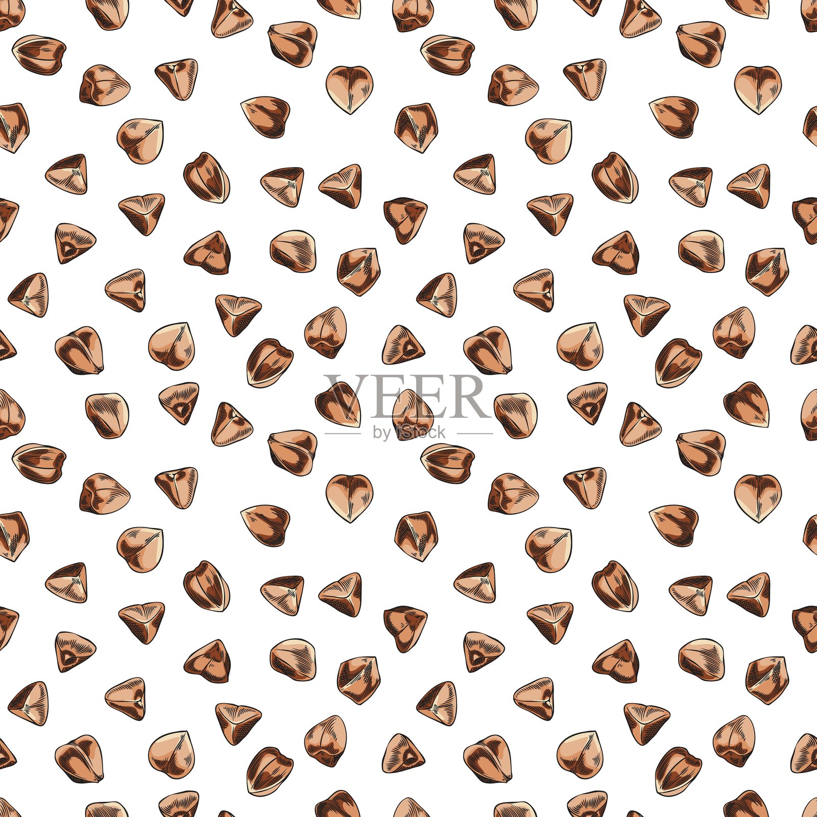 荞麦棕色种子的无缝图案矢量设计，手绘荞麦粒堆，谷物作物收获插画图片素材