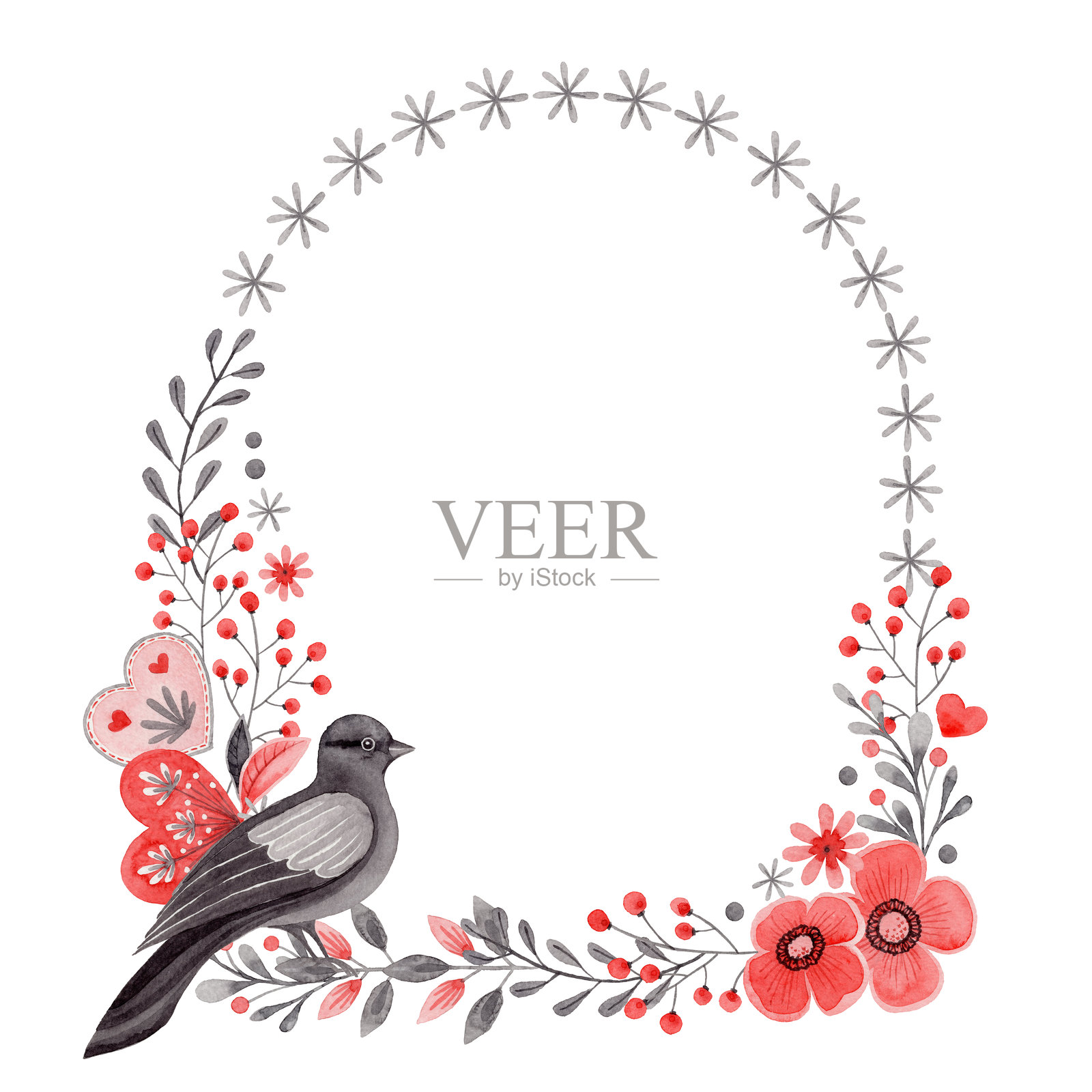 民俗风格的拱形花环，配有鸽子和花朵。红色和灰色的风格化插图适合婚礼邀请函的创作。手绘的构图非常适合浪漫和爱情卡片设计。插画图片素材