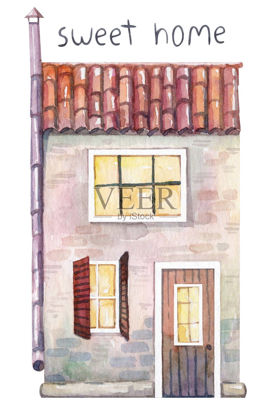 水彩手绘可爱房屋外立面，配有红土瓦屋顶、门和大窗户插画图片素材
