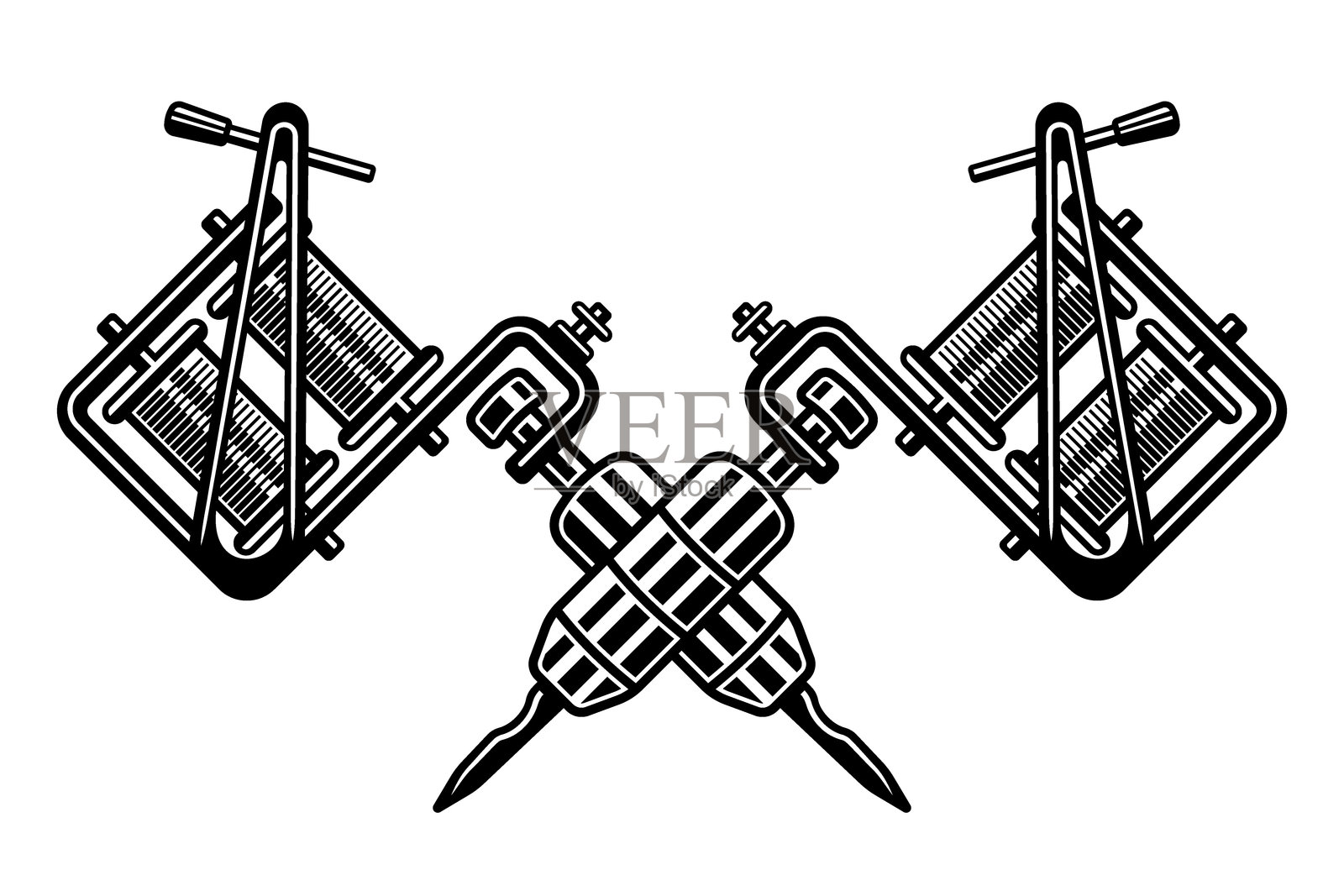 经典风格的交叉纹身机矢量插图。详细的单色设计，完美适用于纹身工作室徽章、图标和艺术设计。插画图片素材