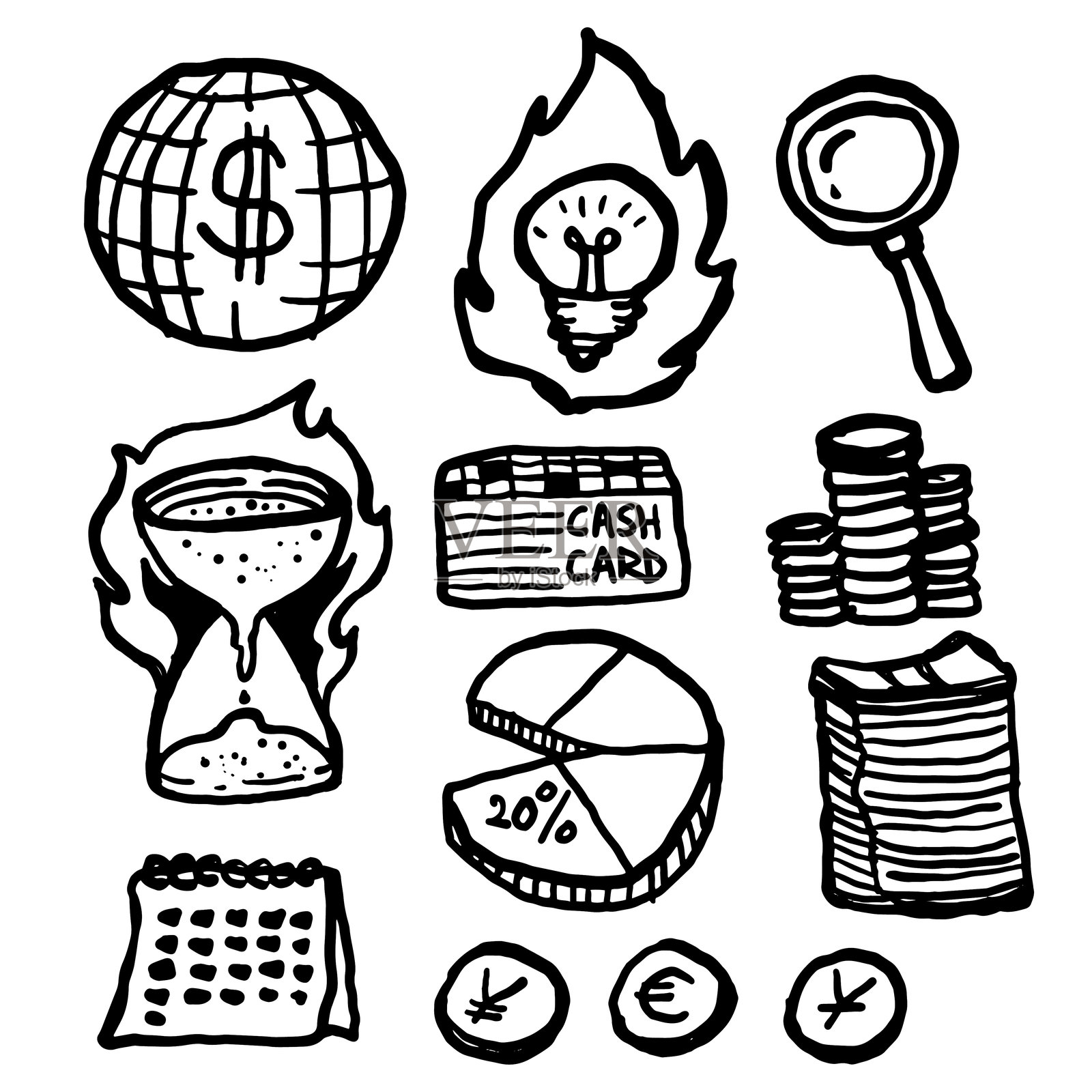 火焰沙漏、地球仪、钱币、烧毁的灯泡、放大镜等。商业与金融涂鸦图标集，采用天真艺术风格绘制。插画图片素材