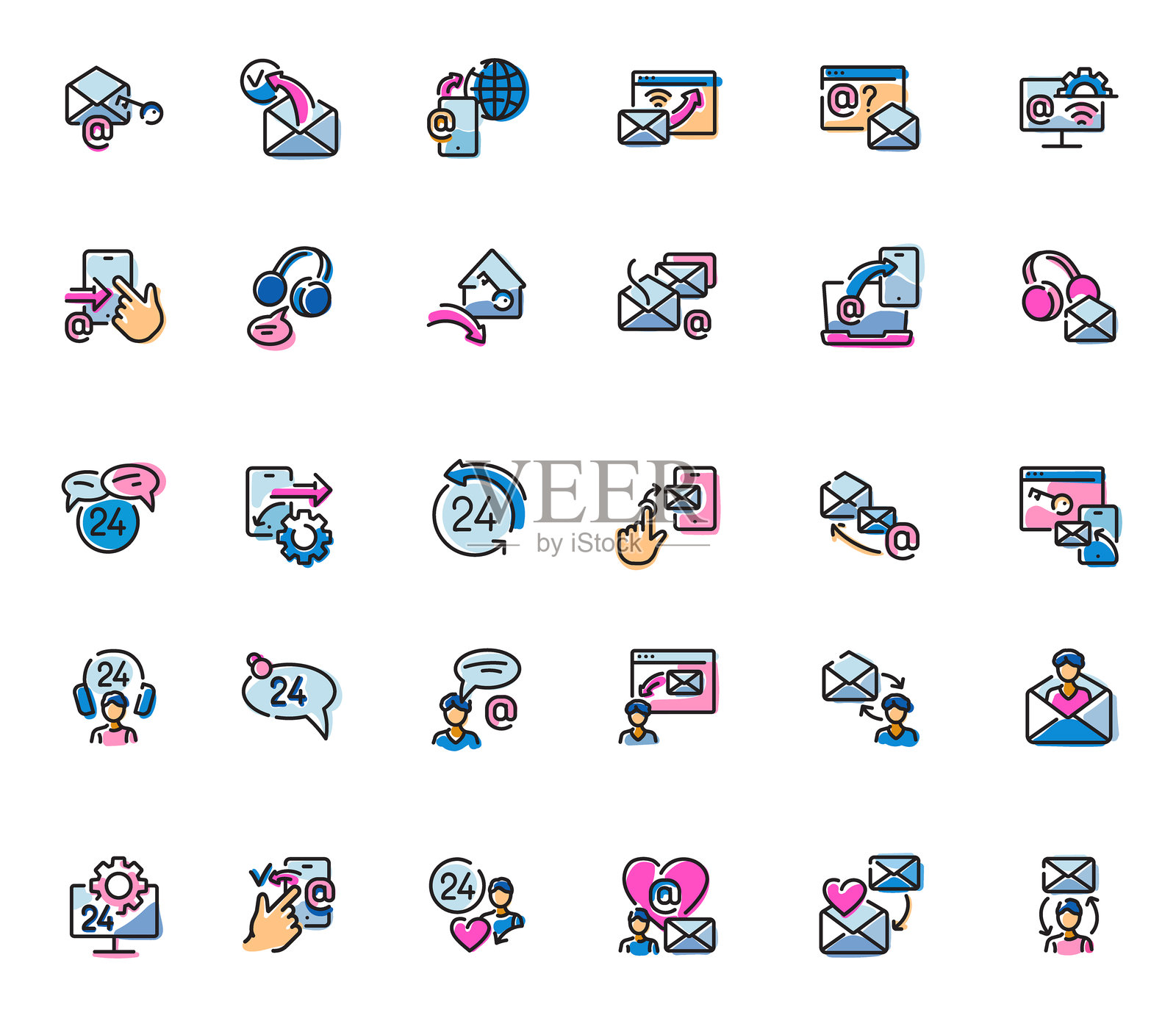 电子邮件沟通、客户支持和在线消息，带可编辑线条的矢量图标集插画图片素材