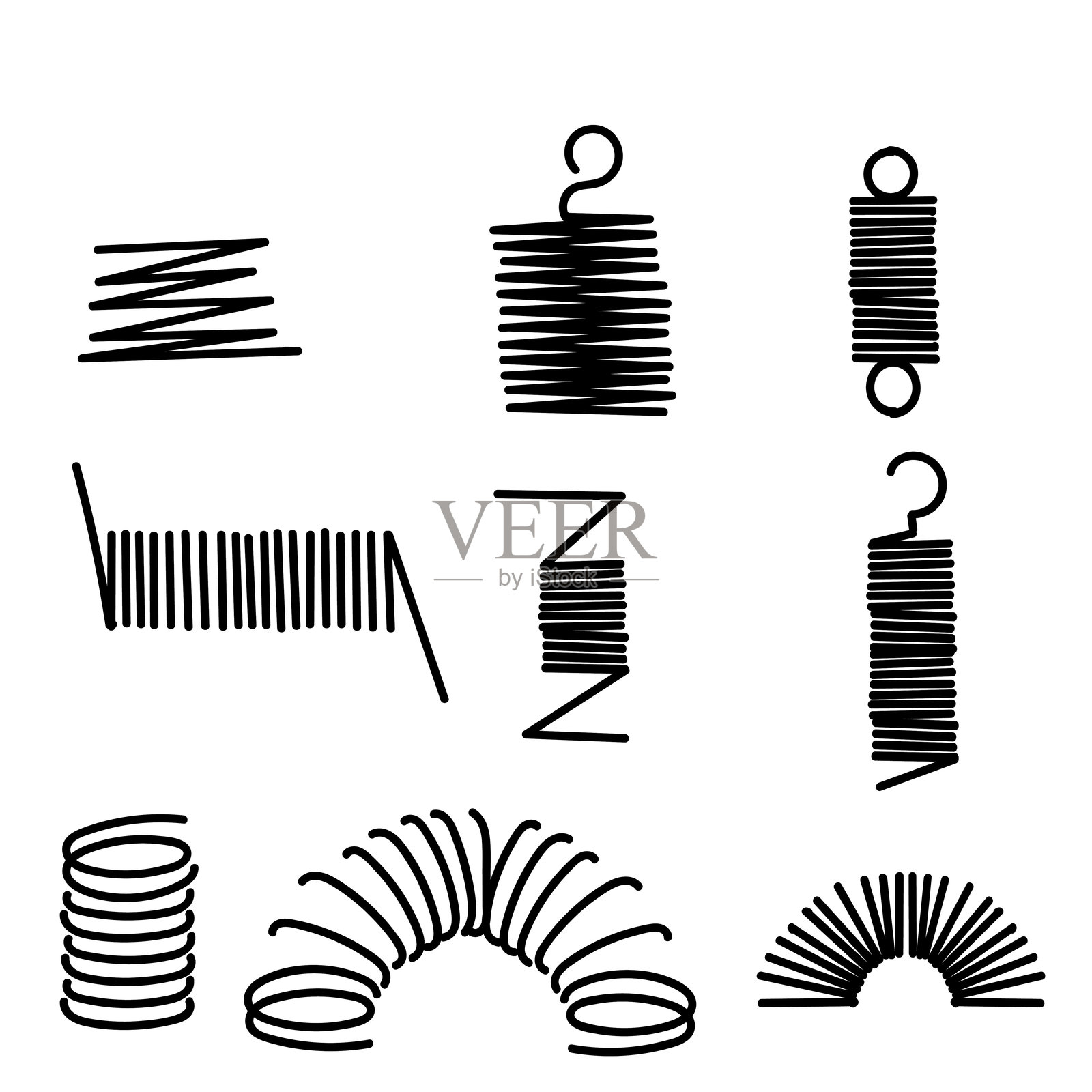 手绘涂鸦风格的灵活螺旋金属弹性线圈弹簧集合插画图片素材