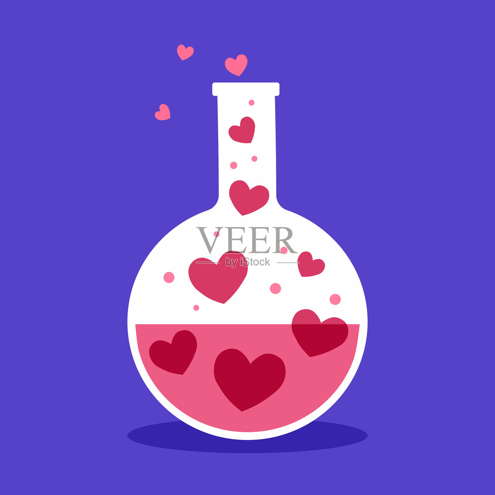 平面设计中的化学烧瓶与心形图案。爱情反应标志矢量插图。插画图片素材