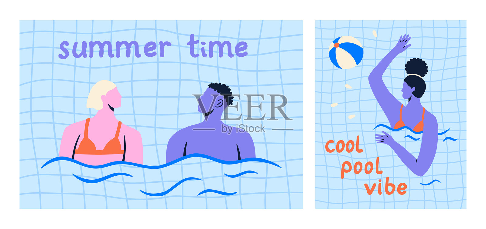 夏季泳池背景图集。男女在游泳、跳水。适合卡片、海报和设计的夏季彩色矢量插图。插画图片素材