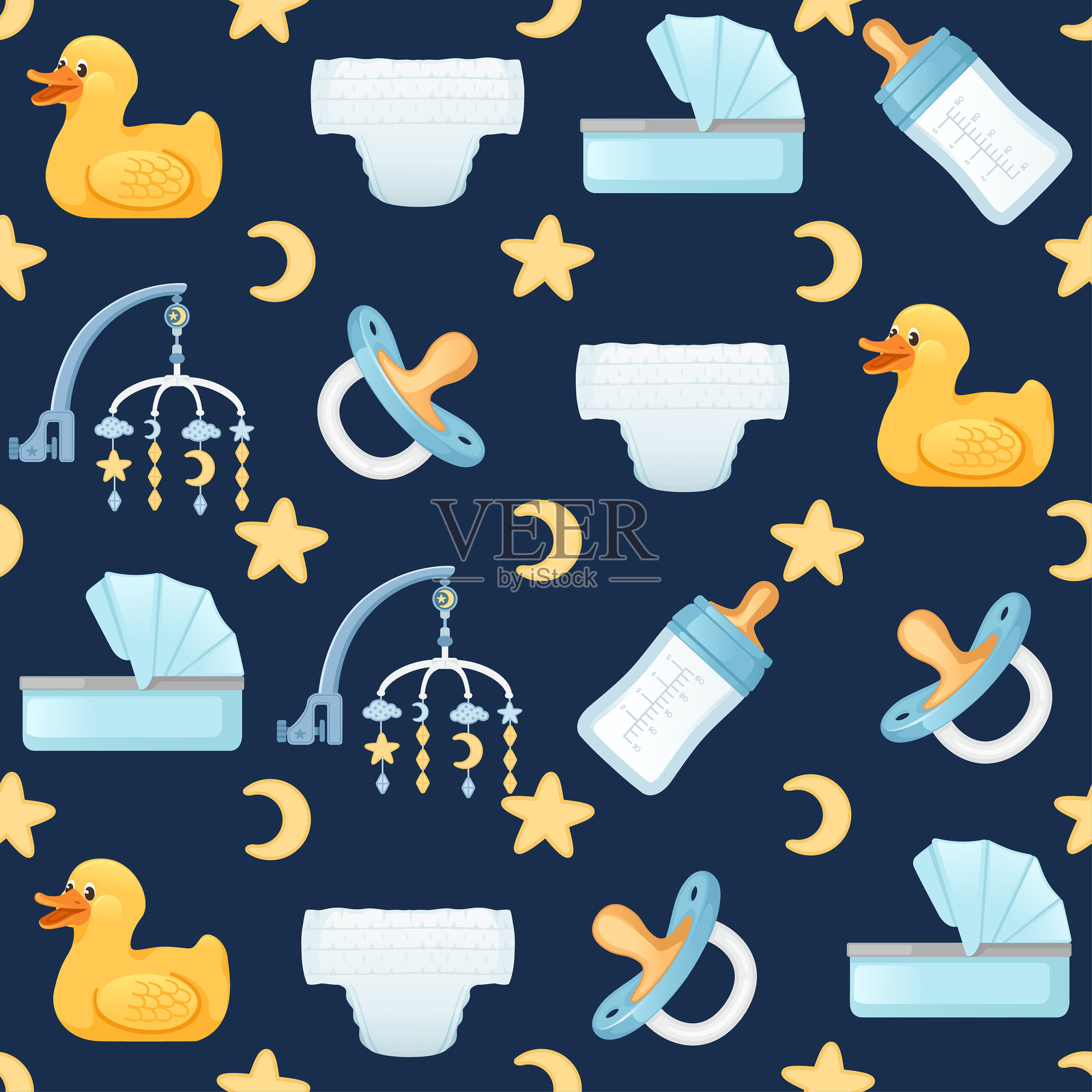 婴儿护理用品的无缝图案，包括推车、奶瓶和玩具，矢量插图，背景为深色插画图片素材