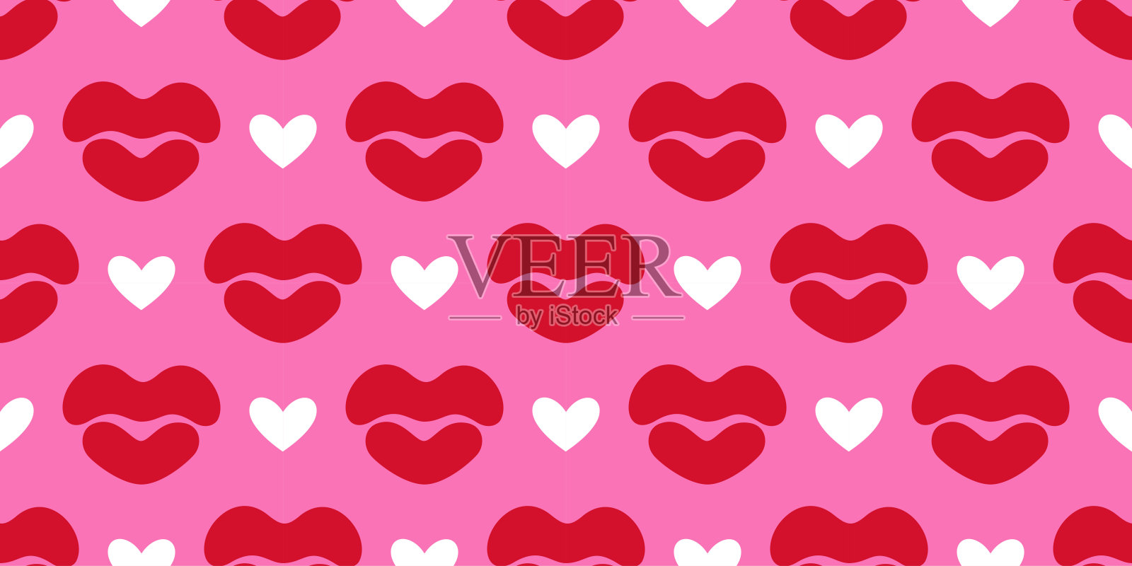 鲜艳粉色背景上红色嘴唇和白色心形的无缝图案插画图片素材