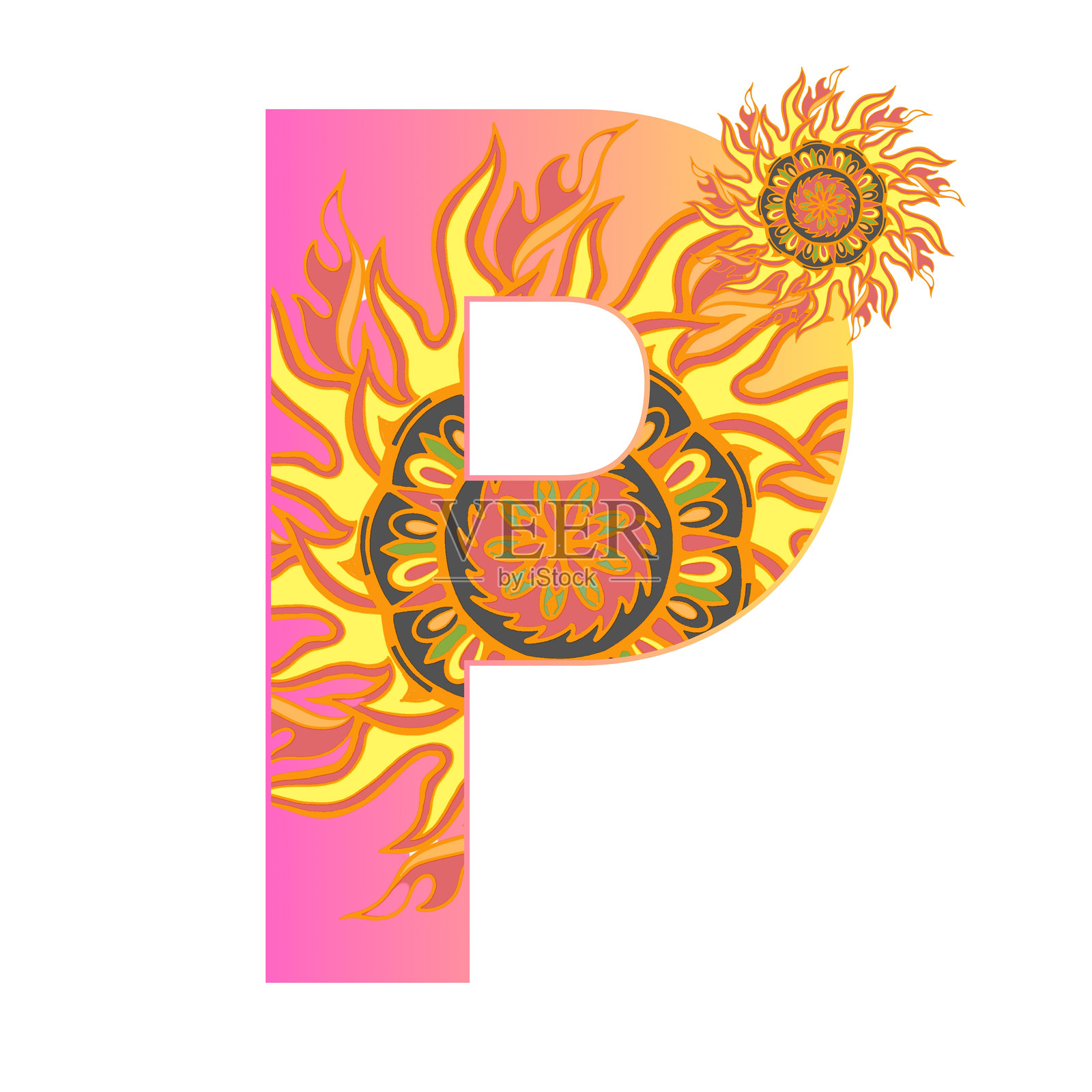 曼荼罗字母的外观闪耀着，宛如一幅阳光般闪耀的曼荼罗字母矢量图像。插画图片素材