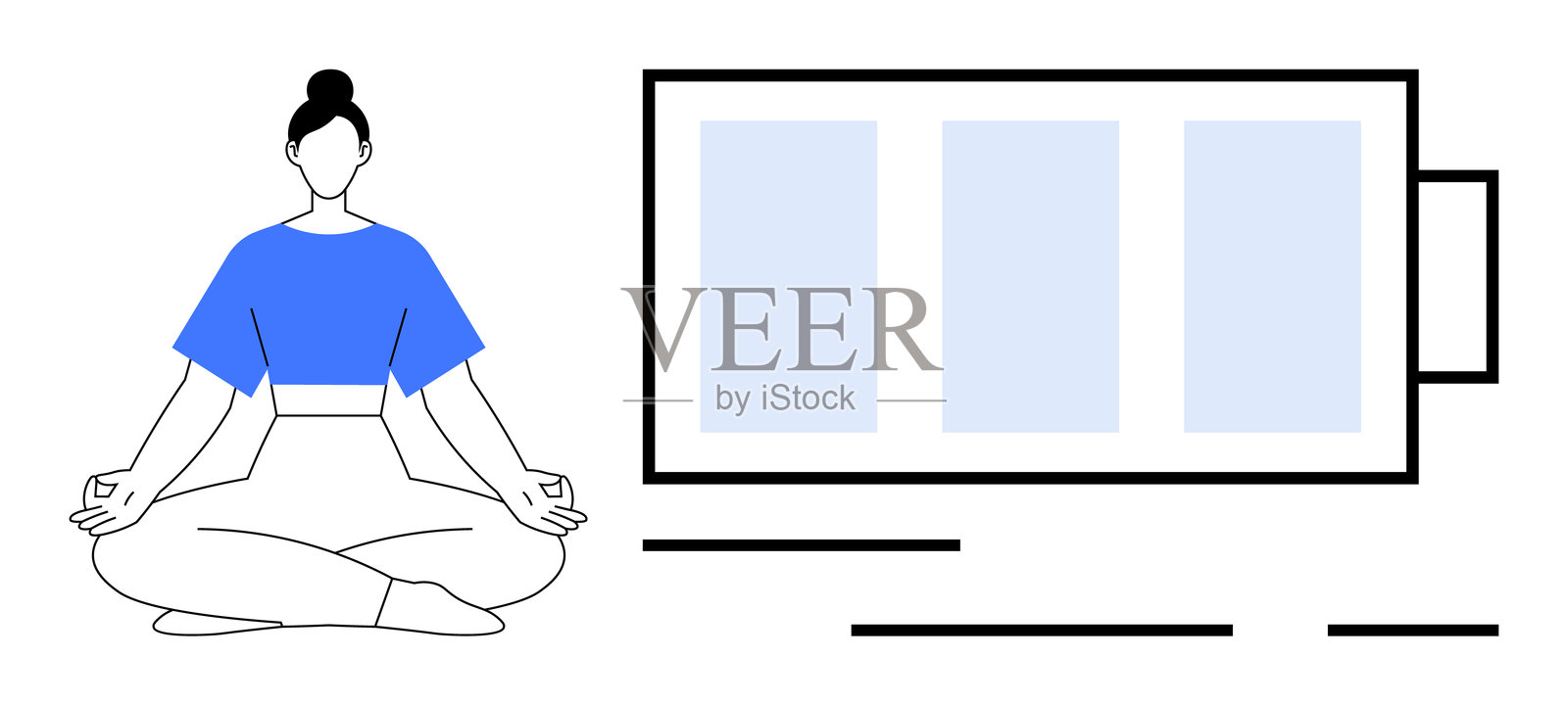 女性在电池旁冥想，象征着充电与放松插画图片素材
