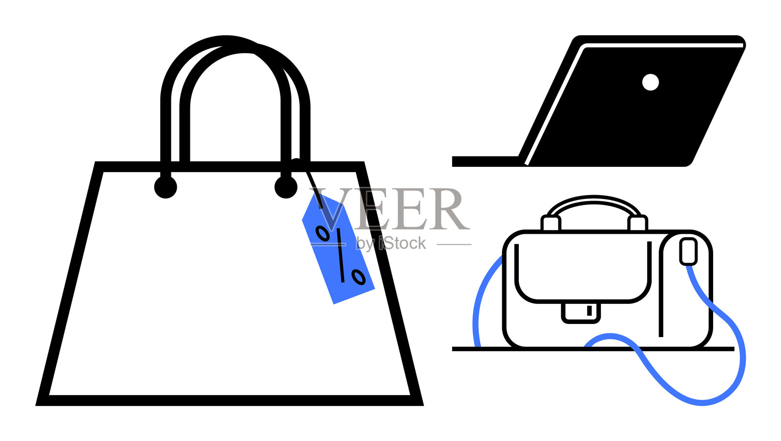 带有蓝色标签的购物袋，桌子上放着背包和笔记本电脑，展示零售和科技概念插画图片素材