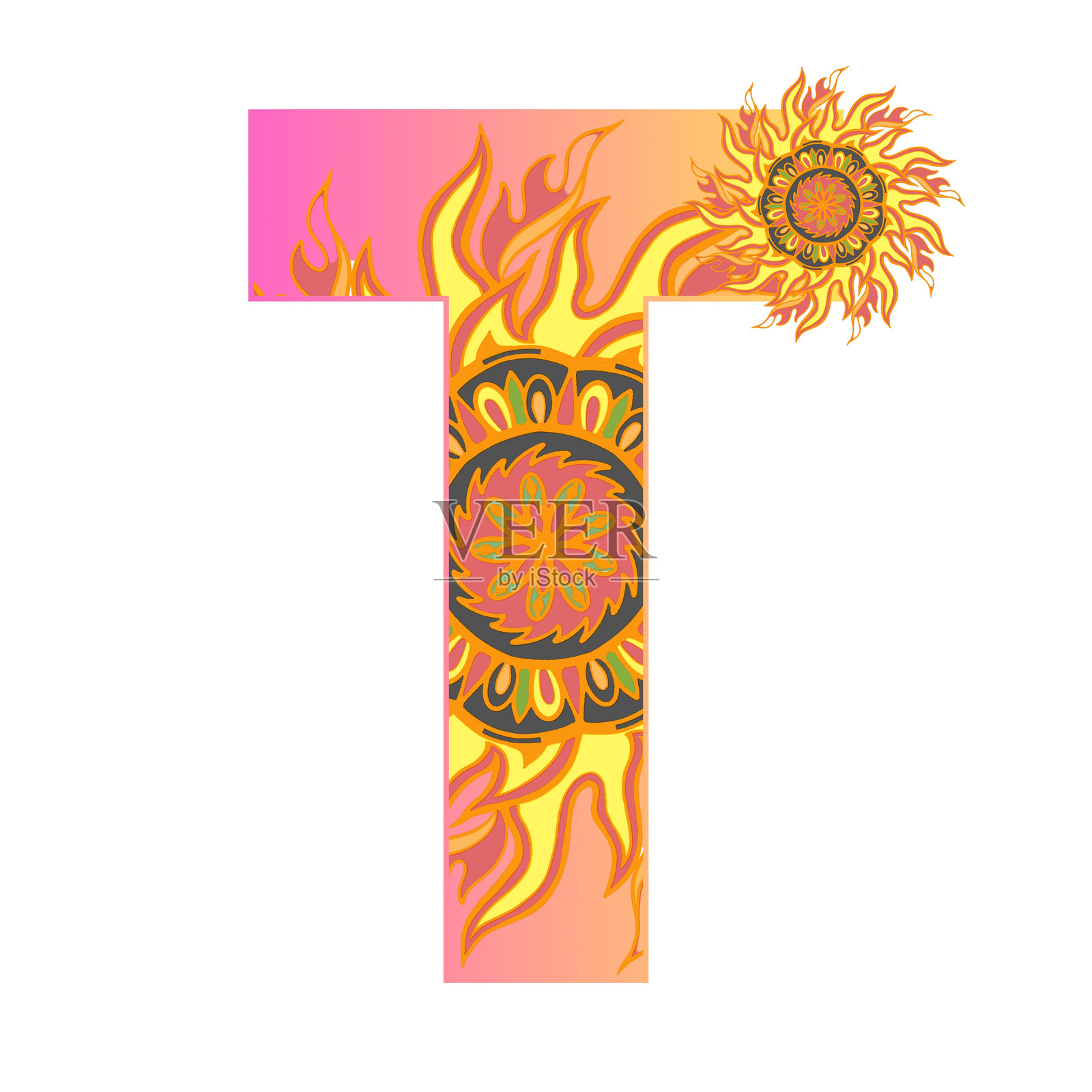 曼荼罗字母的外观闪耀着，宛如一幅阳光般闪耀的曼荼罗字母矢量图像。插画图片素材