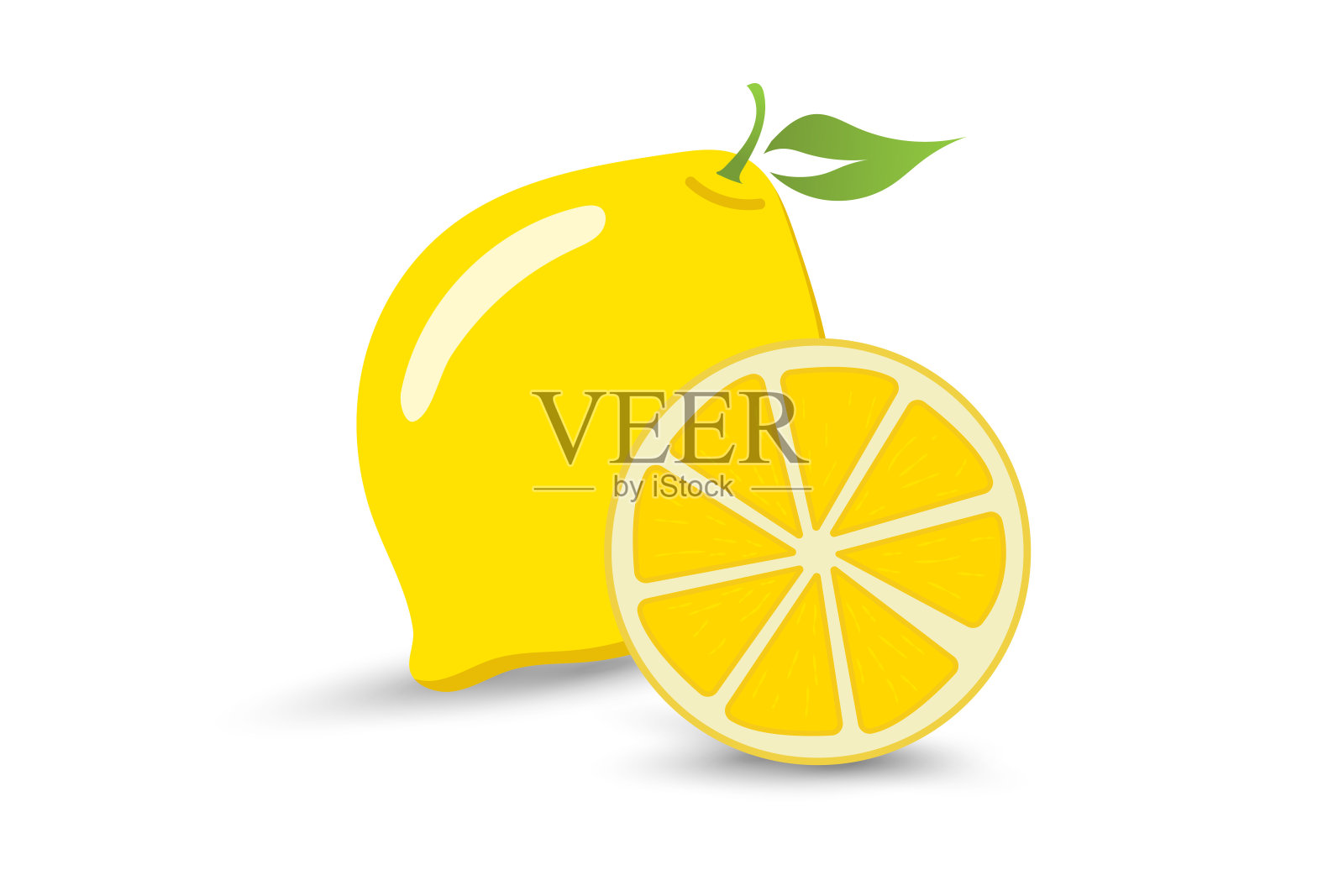 一颗新鲜明亮的黄色柠檬与整齐切开的半个柠檬搭配，展示出其多汁的柑橘内里。以及一幅黄色柠檬的矢量图。插画图片素材