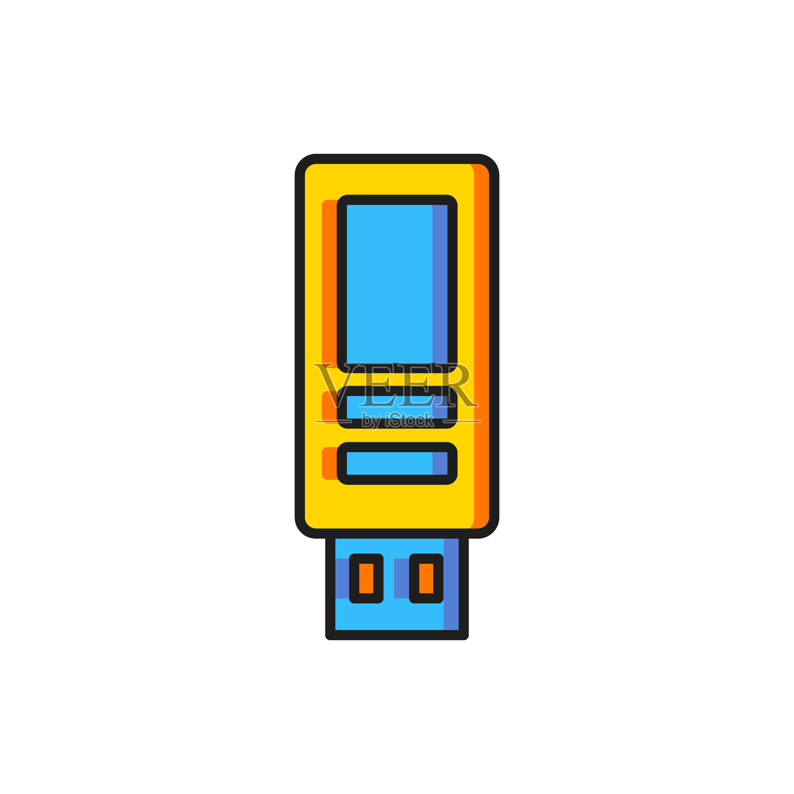 彩色USB闪存驱动器图标，背景为白色。扁平填充轮廓风格，带阴影。矢量图。插画图片素材