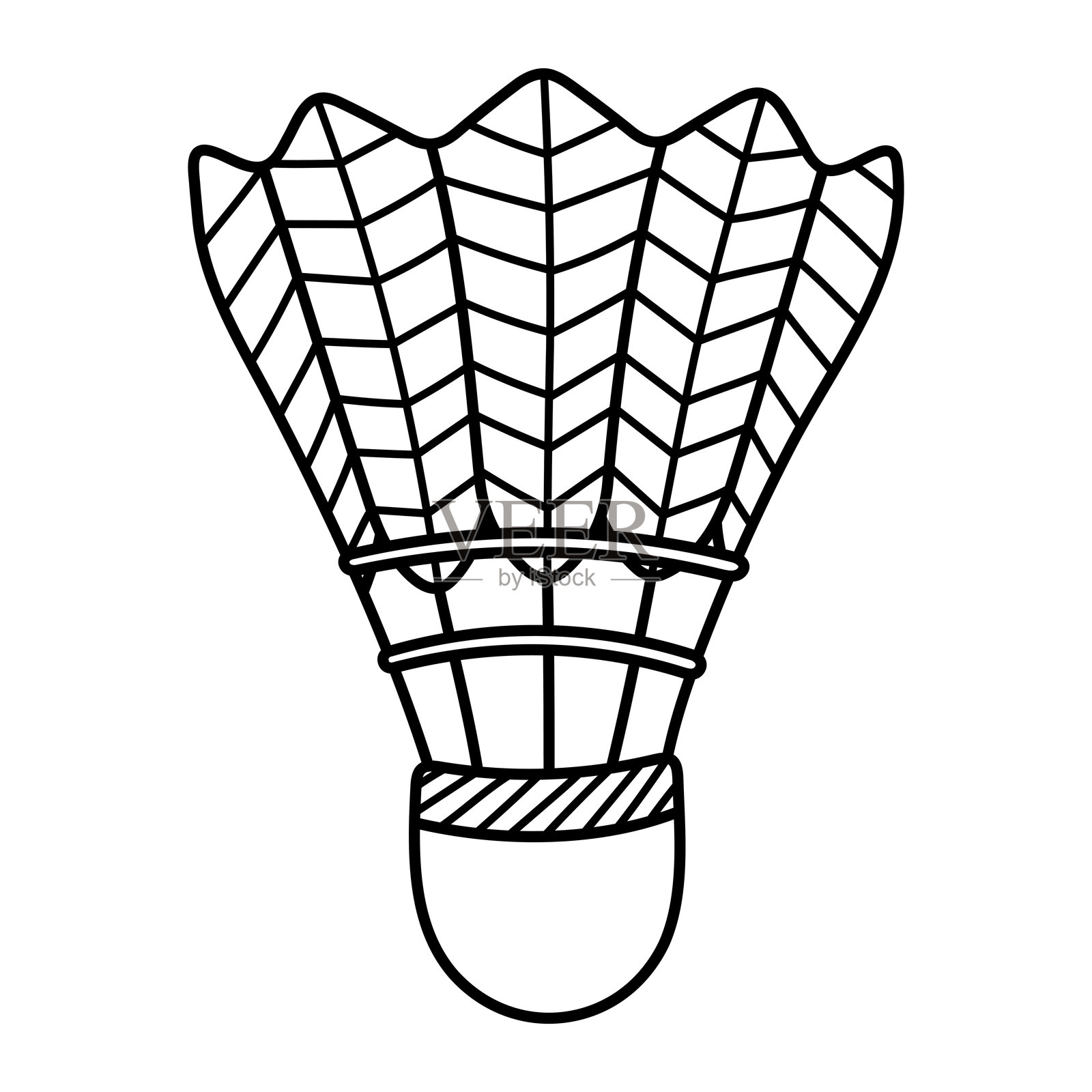 羽毛球矢量插图。手绘涂鸦风格的运动器材。黑色线条艺术，独立于白色背景。插画图片素材