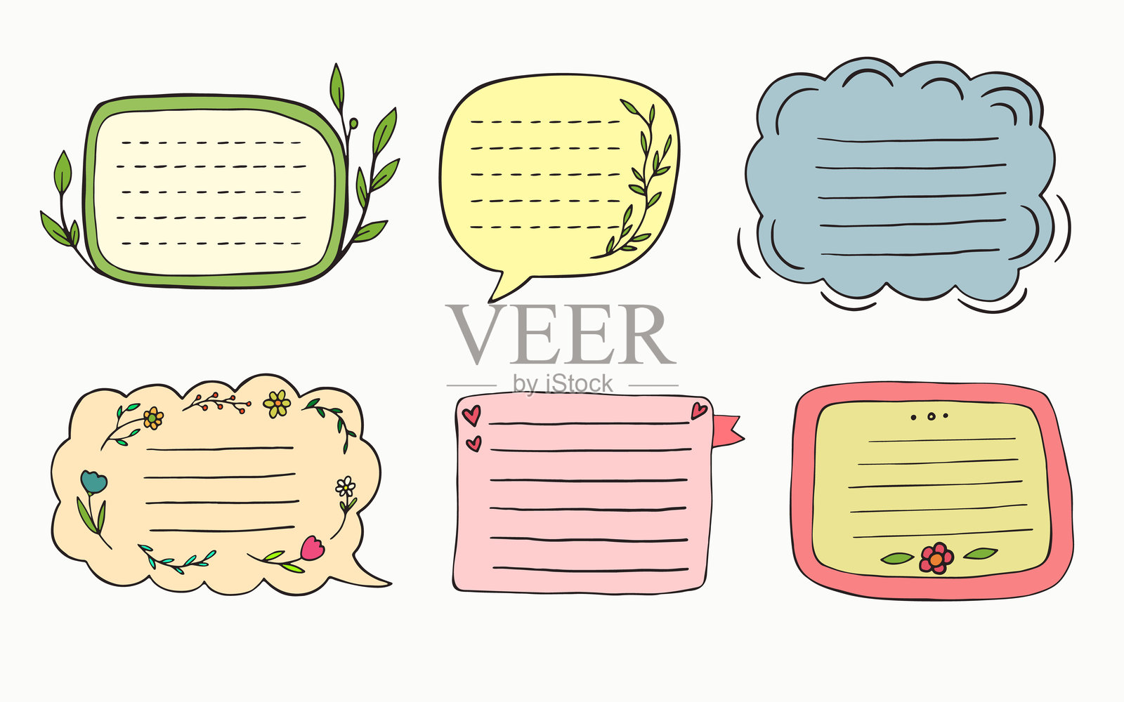 一组手绘的对话气泡和文本框，具有可爱和俏皮的美感插画图片素材