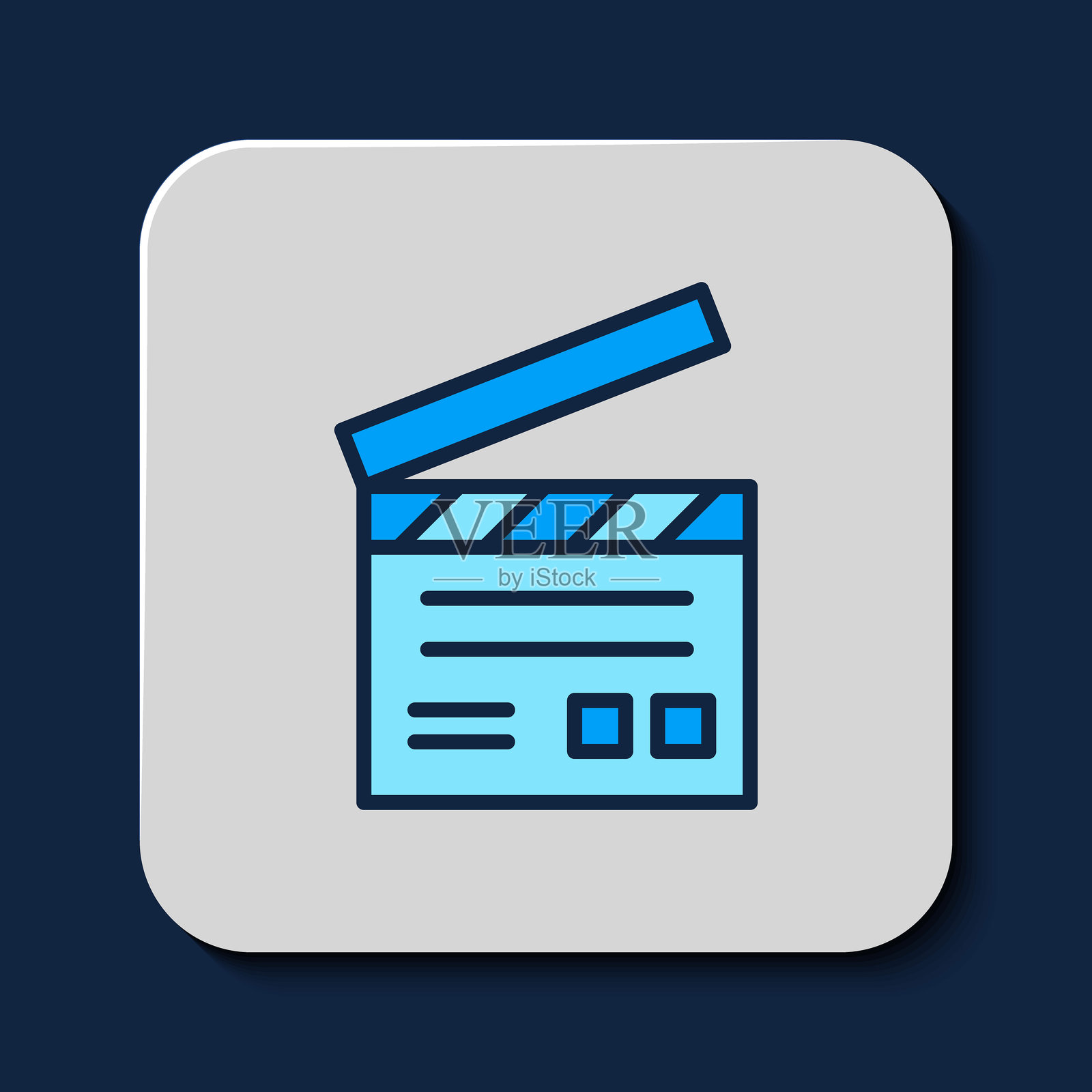 填充轮廓的电影拍板图标，背景为蓝色。电影拍板。拍板标志。电影制作或媒体行业。矢量图。插画图片素材