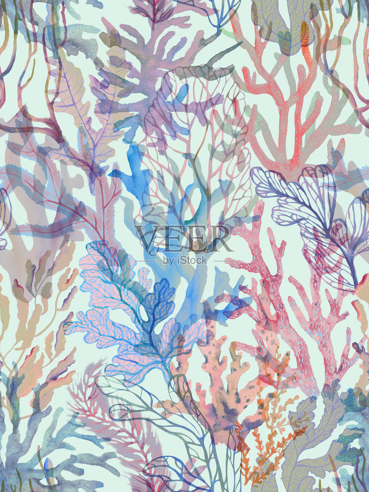 水彩画的珊瑚和海藻。海洋植物的无缝图案。带有水下植物的水彩壁纸。插画图片素材