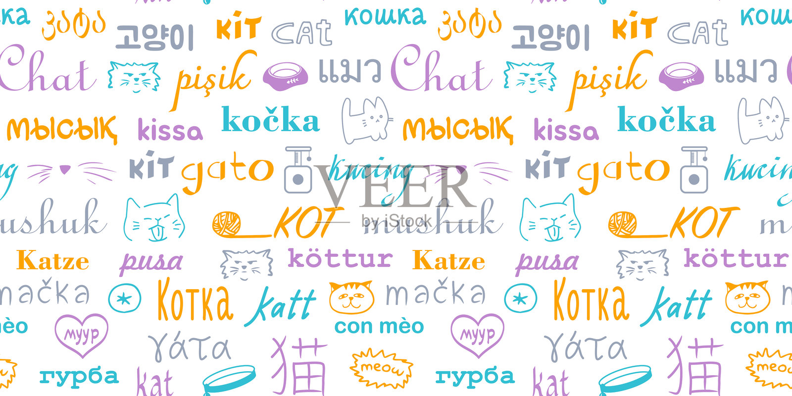 可爱的矢量无缝图案，包含不同语言的“猫”字、猫咪物品和面孔插画图片素材