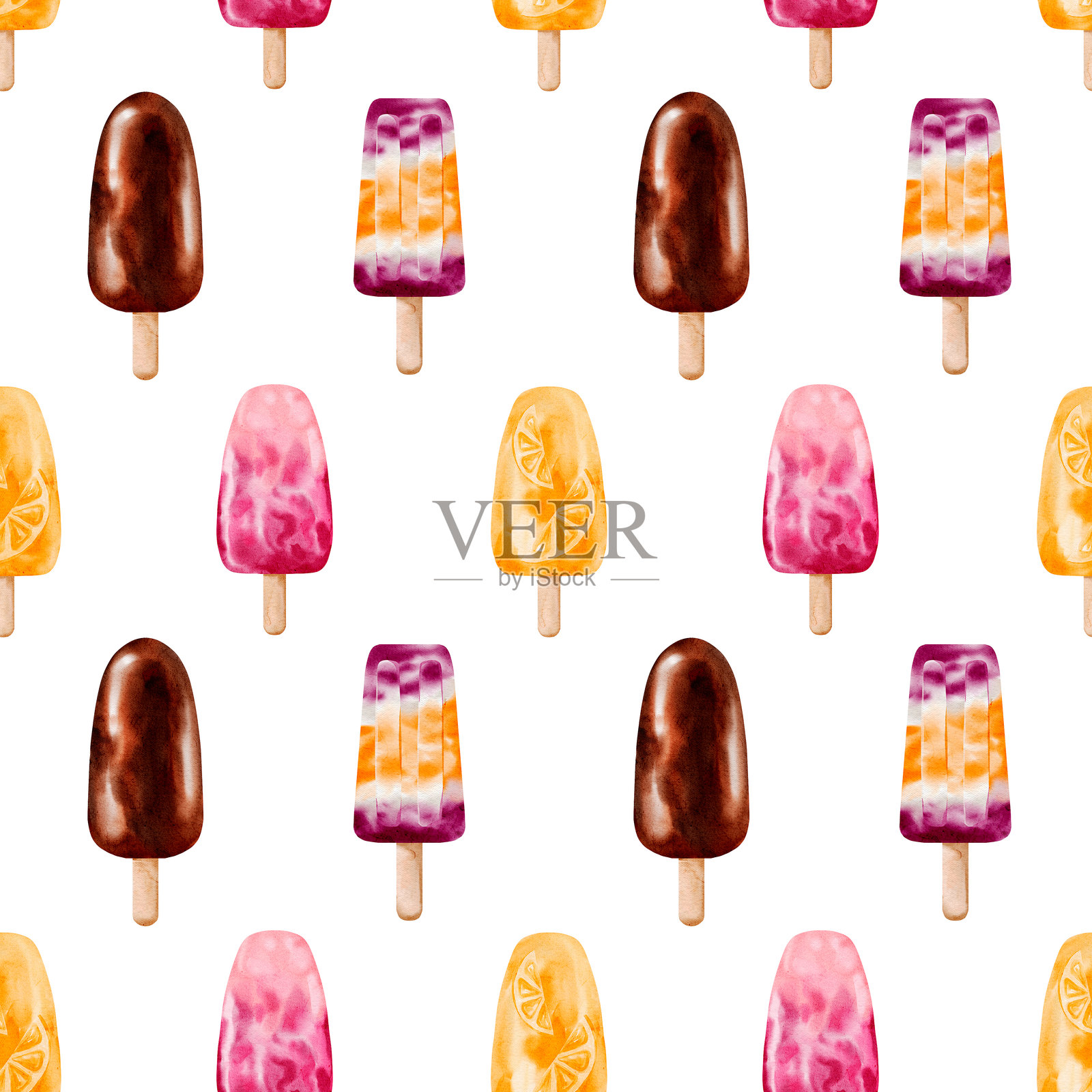 无缝水彩图案的冷冻巧克力和水果冰淇淋棒，展现清爽的夏季甜点设计。插画图片素材