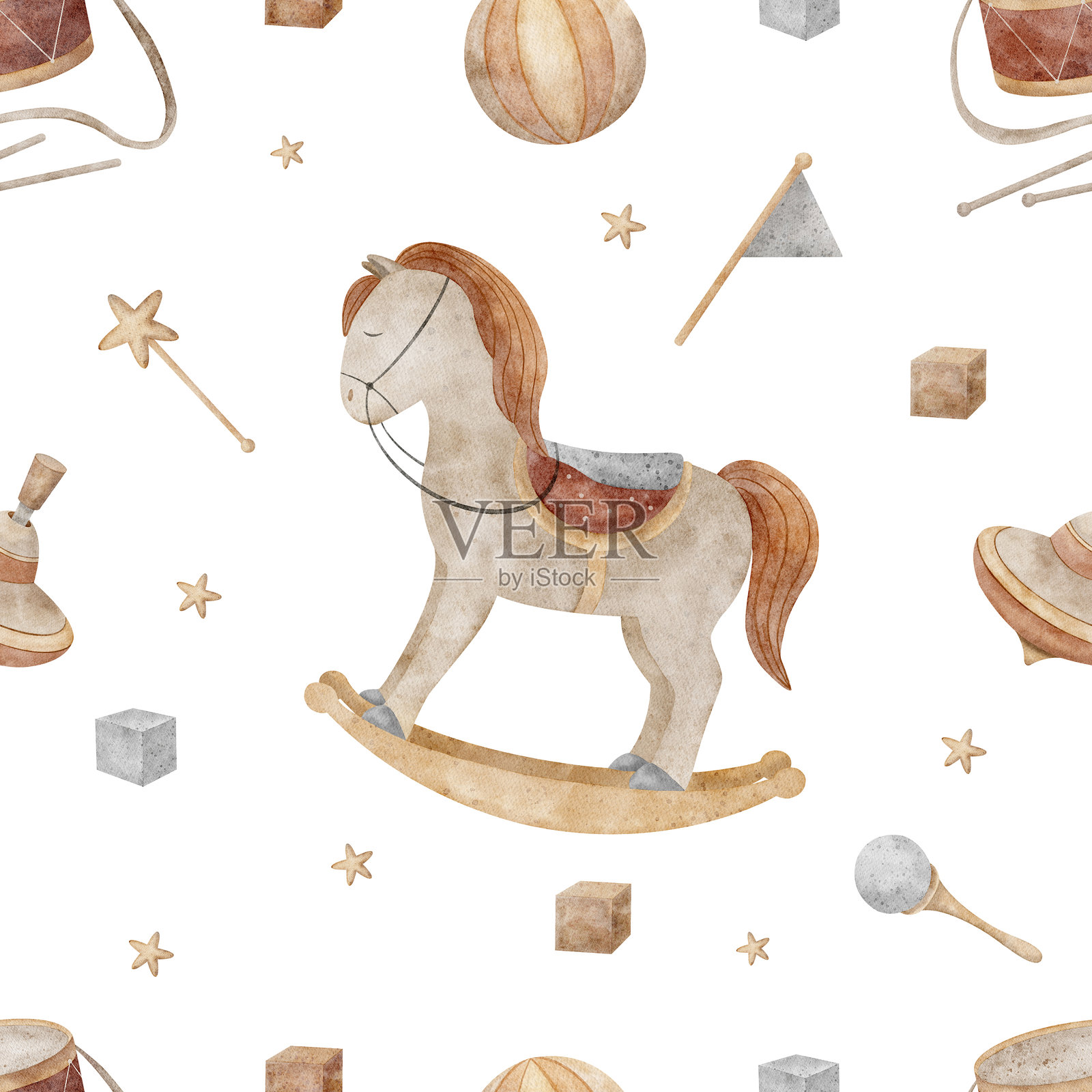 无缝图案的马秋千与复古玩具，顶部有球和鼓。水彩插图，白色背景，复古风格，适用于儿童纺织品、婴儿面料、包装和新生儿服装的印刷。插画图片素材