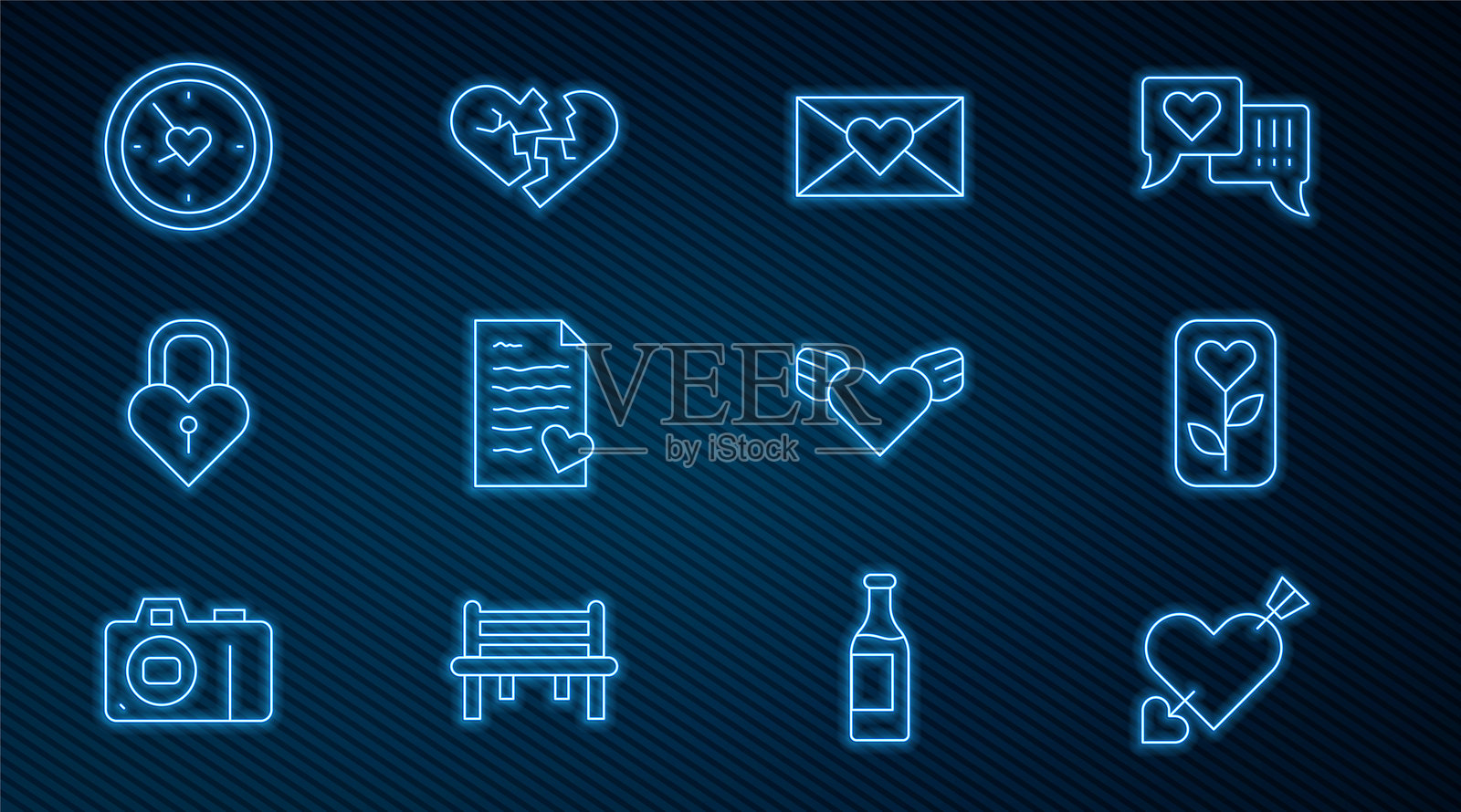 爱情线条与心形箭头，玫瑰花，情人节信封，城堡形状，时钟，心形翅膀和破碎或离婚图标。矢量图。插画图片素材