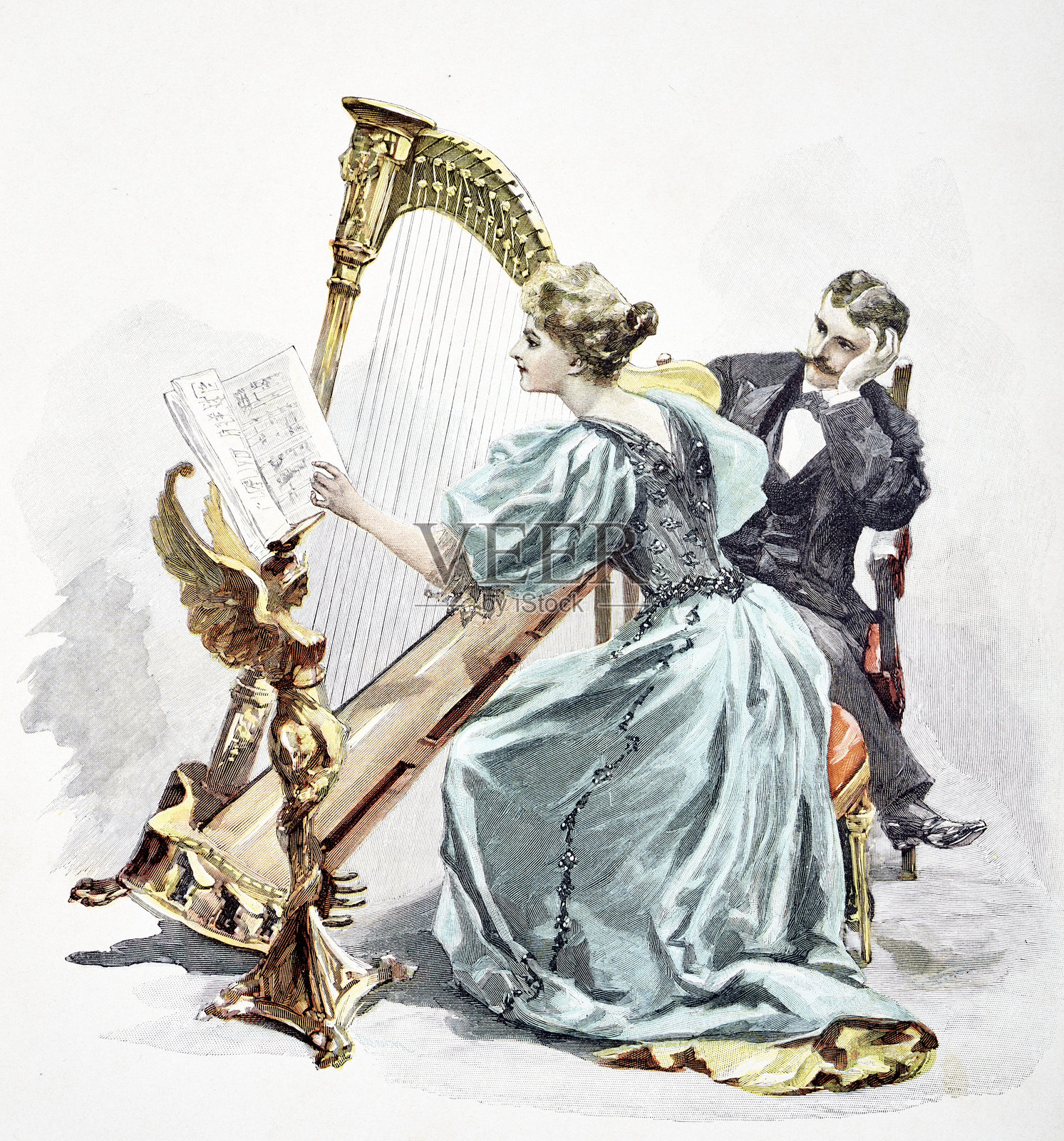 年轻迷人的女人在弹奏金色竖琴，旁边坐着一个男人在倾听。插画图片素材