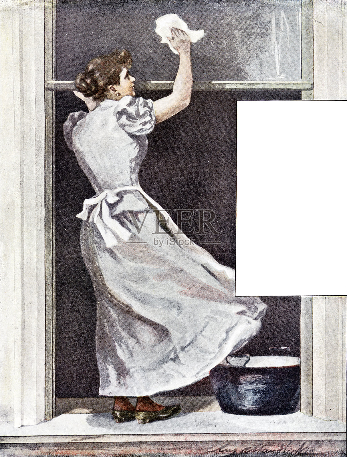 女人站在窗台上，从外面清洁窗户。插画图片素材