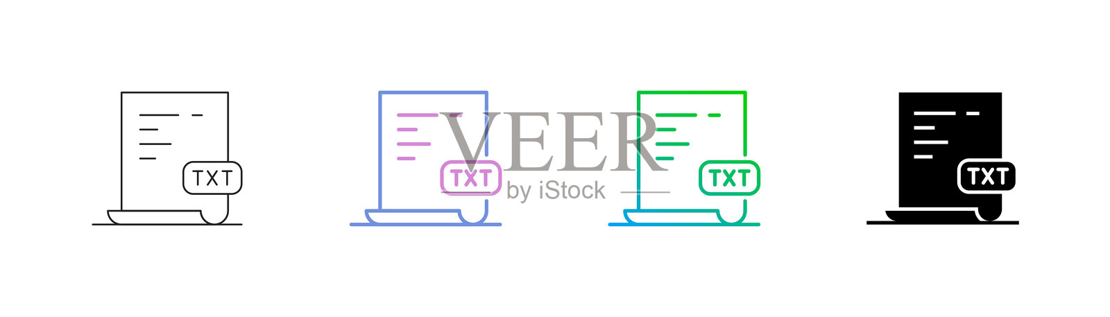 TXT文件图标有四种风格：可编辑的描边线、双色线、渐变线和实心线。适用于网页设计、移动应用、用户界面、用户体验和图形用户界面设计。插画图片素材