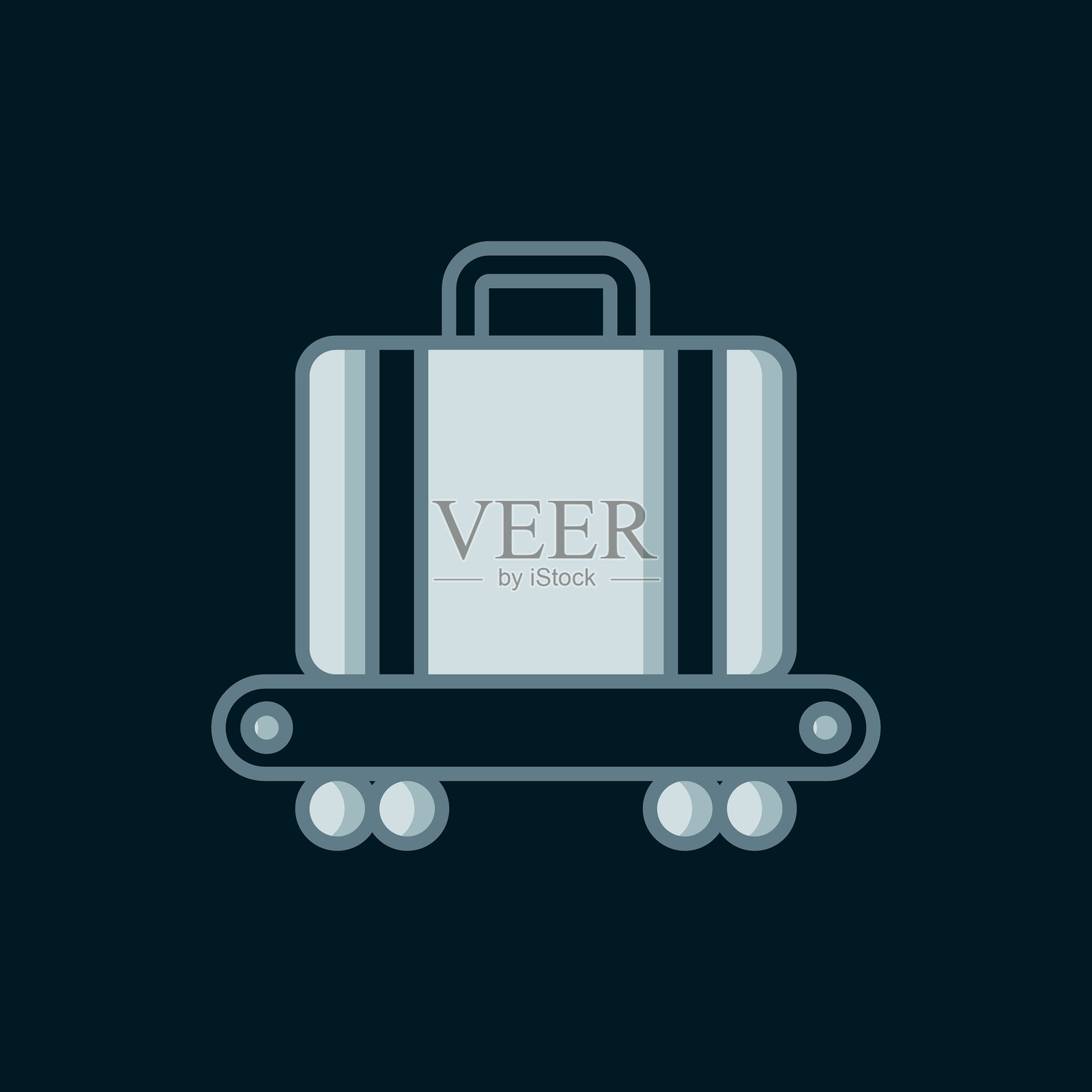 机场传送带上的乘客行李、手提箱、包和行李图标，背景为黑色。扁平填充轮廓风格，带有阴影。矢量图。插画图片素材