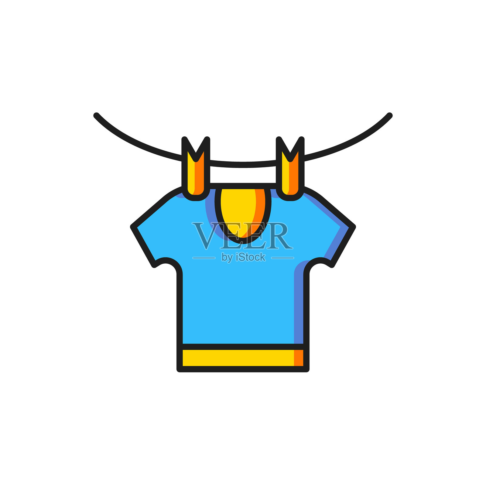 干燥衣物图标，背景为白色。干净的衬衫。用衣夹把衣物挂在绳子上。衣物护理与整洁。扁平填充轮廓风格，带阴影。矢量图。插画图片素材