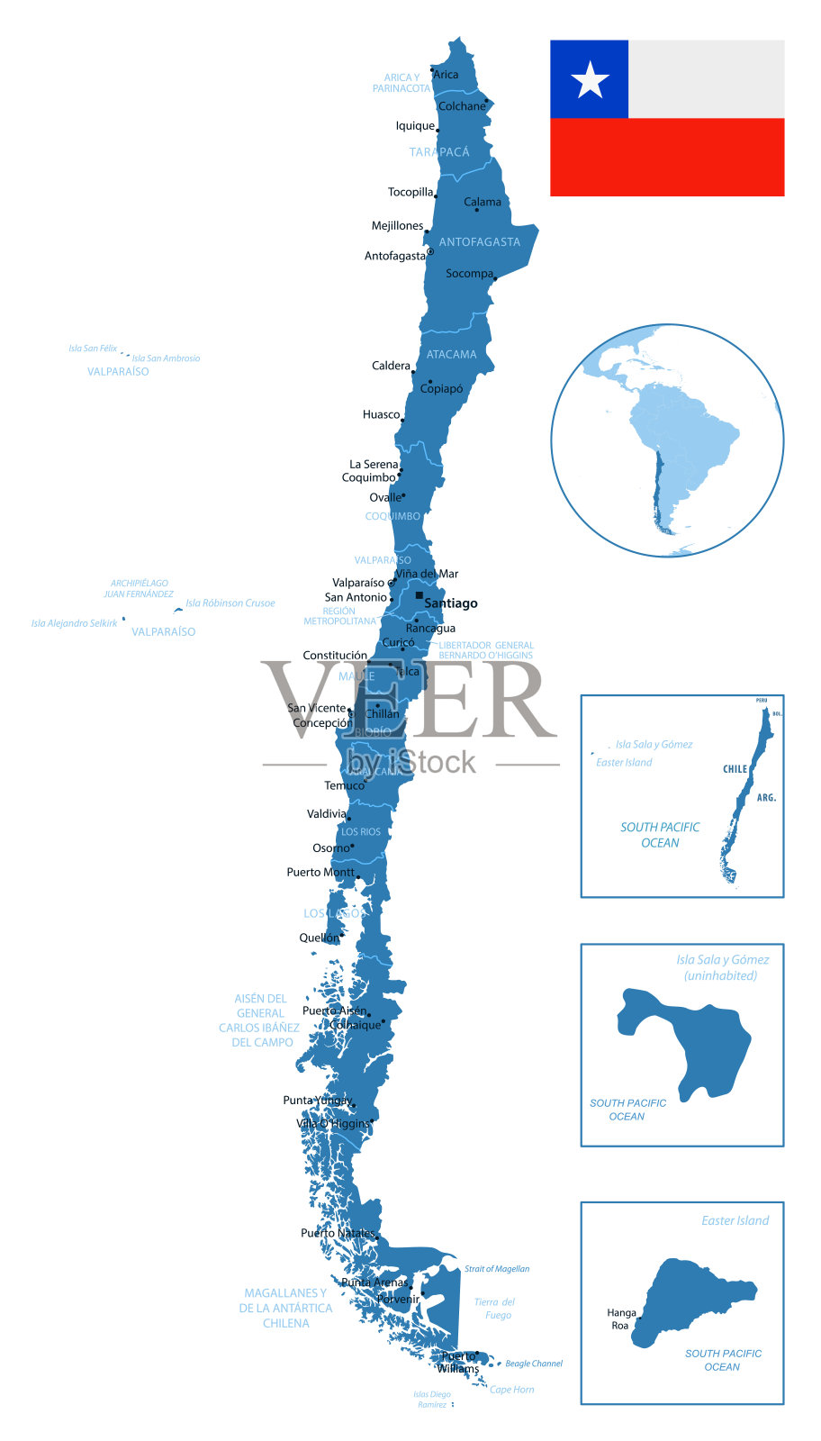 智利 - 详细的国家区域和城市地图。插画图片素材