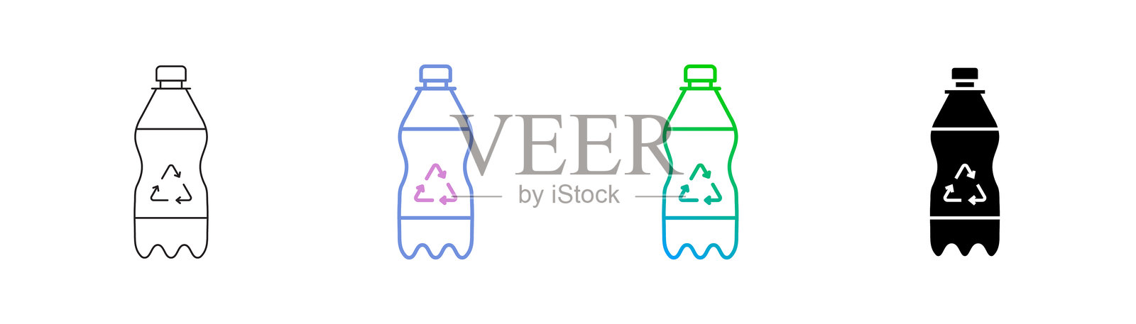 可回收瓶图标有四种风格：可编辑的线条、双色线条、渐变线条和实心线条。适用于网页设计、移动应用、用户界面、用户体验和图形用户界面设计。插画图片素材