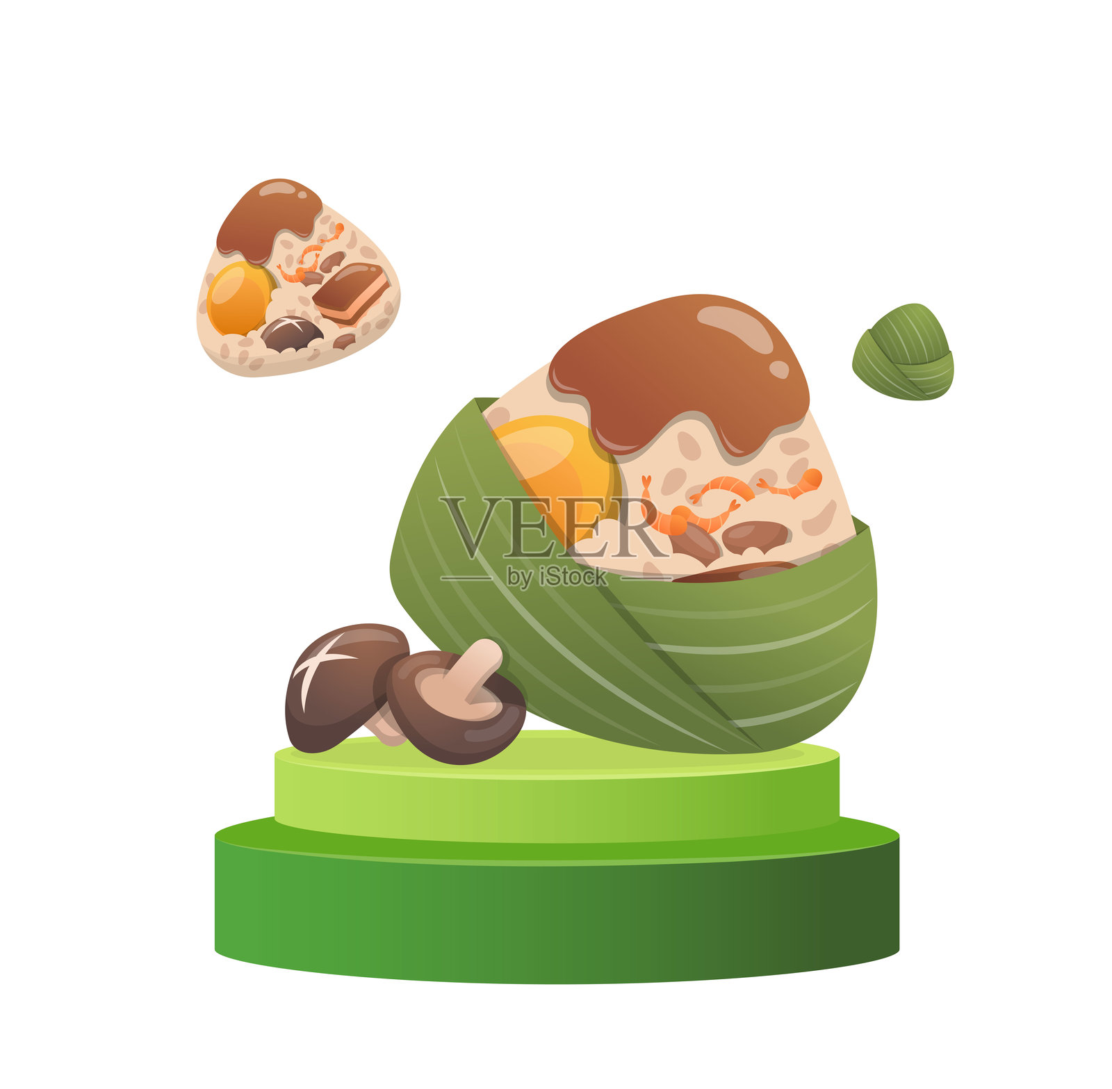 粽子特写与绿色平台或讲台，端午节商业销售广告插画图片素材