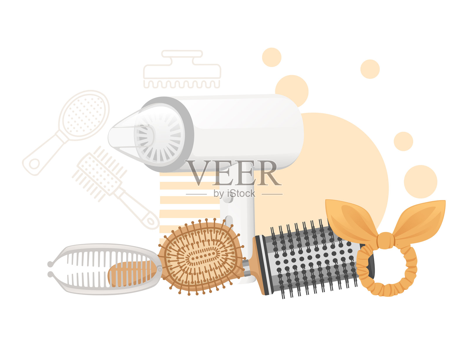 黄色风格的护发塑料时尚梳子和吹风机矢量插图，背景为白色插画图片素材