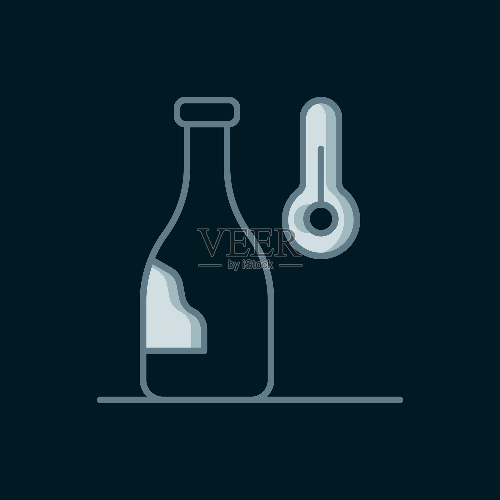 线性葡萄酒温度图标，黑色背景上的孤立设计。扁平填充轮廓风格，带阴影。矢量图。插画图片素材