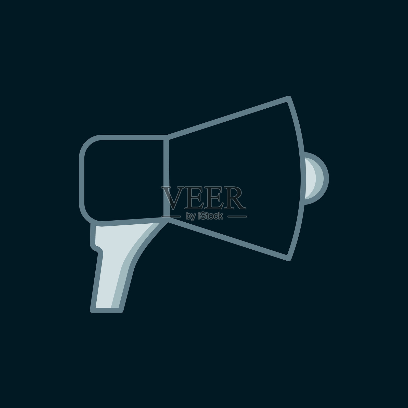 线条扩音器图标，黑色背景上独立。扬声器标志。扁平填充轮廓风格，带阴影。矢量图。插画图片素材