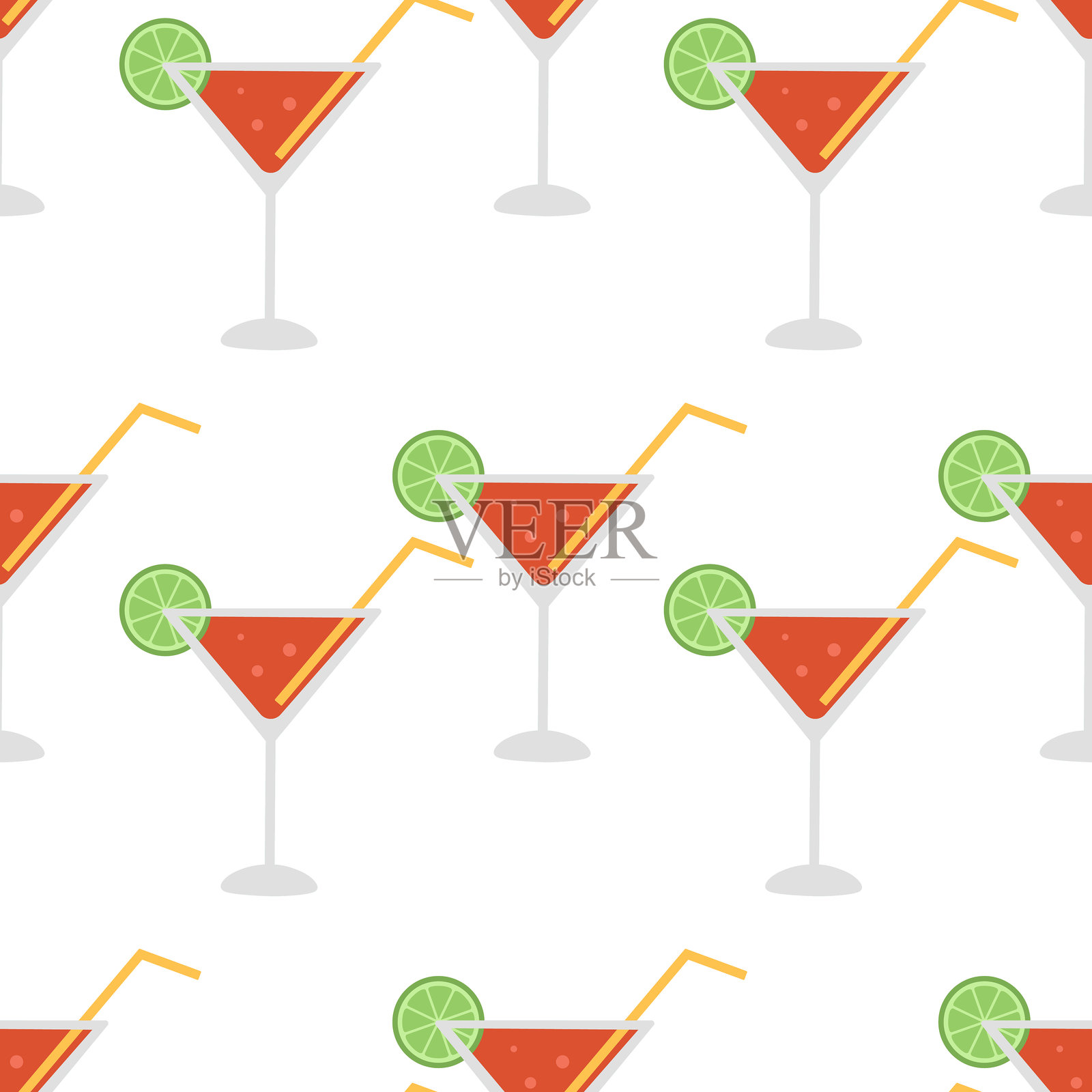 无缝图案，包含青柠和吸管的都市鸡尾酒，背景为白色。夏季清爽的酒精饮料。酒吧设计。用于壁纸、纺织品、包装的矢量平面插图。插画图片素材
