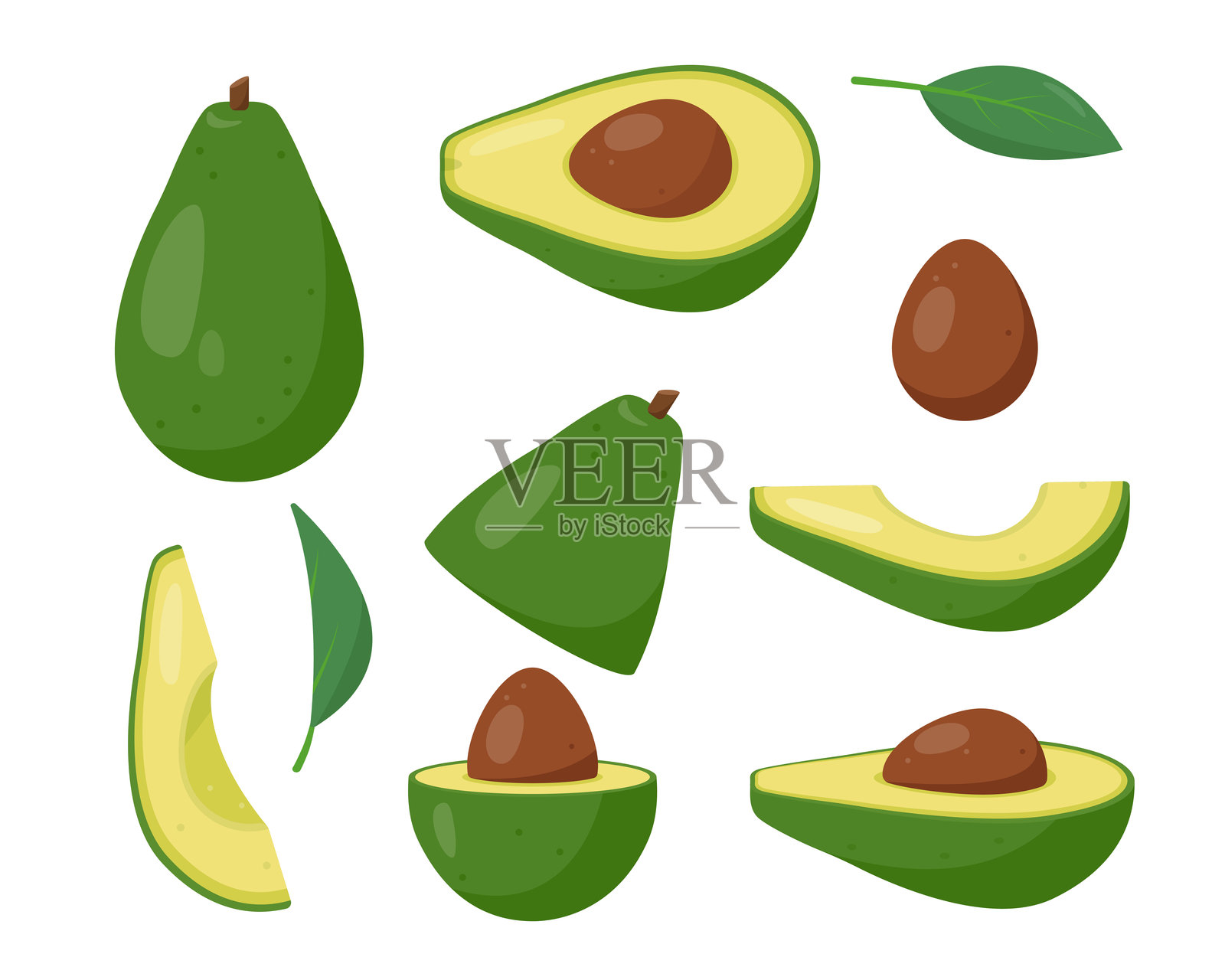 一组鳄梨水果图标。完整的、半个的、带叶子和切片的绿色鳄梨。热带鳄梨植物和种子。健康有机的素食食品。插画图片素材
