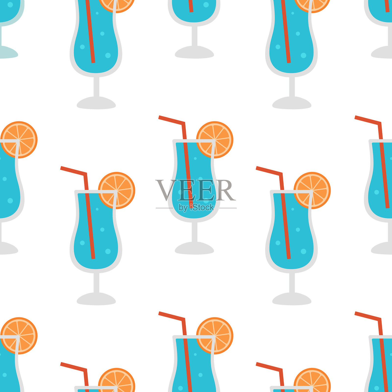 无缝图案，包含蓝色泻湖鸡尾酒，配有橙子和吸管，背景为白色。夏季清爽的酒精饮料。酒吧设计。用于壁纸、纺织品、包装的矢量平面插图。插画图片素材