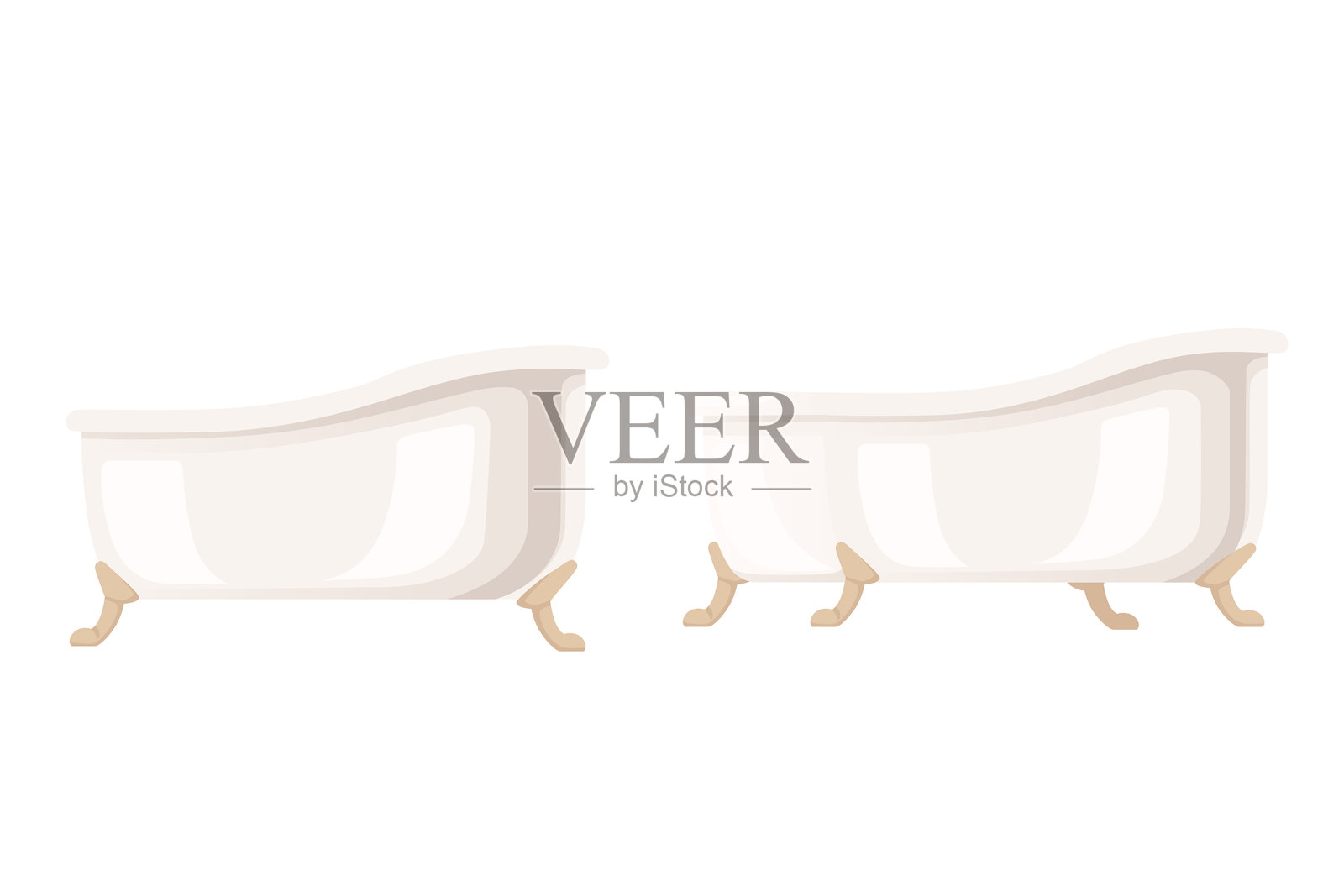 白色陶瓷现代浴缸，配有钢制支腿，矢量插图，背景为白色插画图片素材