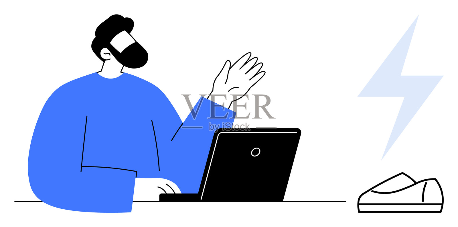 远程工作者在视频会议中挥手，桌上有能量符号，表达虚拟连接感插画图片素材