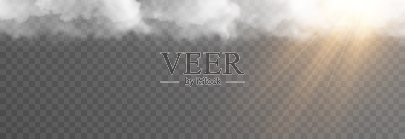 透明背景上的真实感云朵与太阳。阳光透过云层洒下。插画图片素材