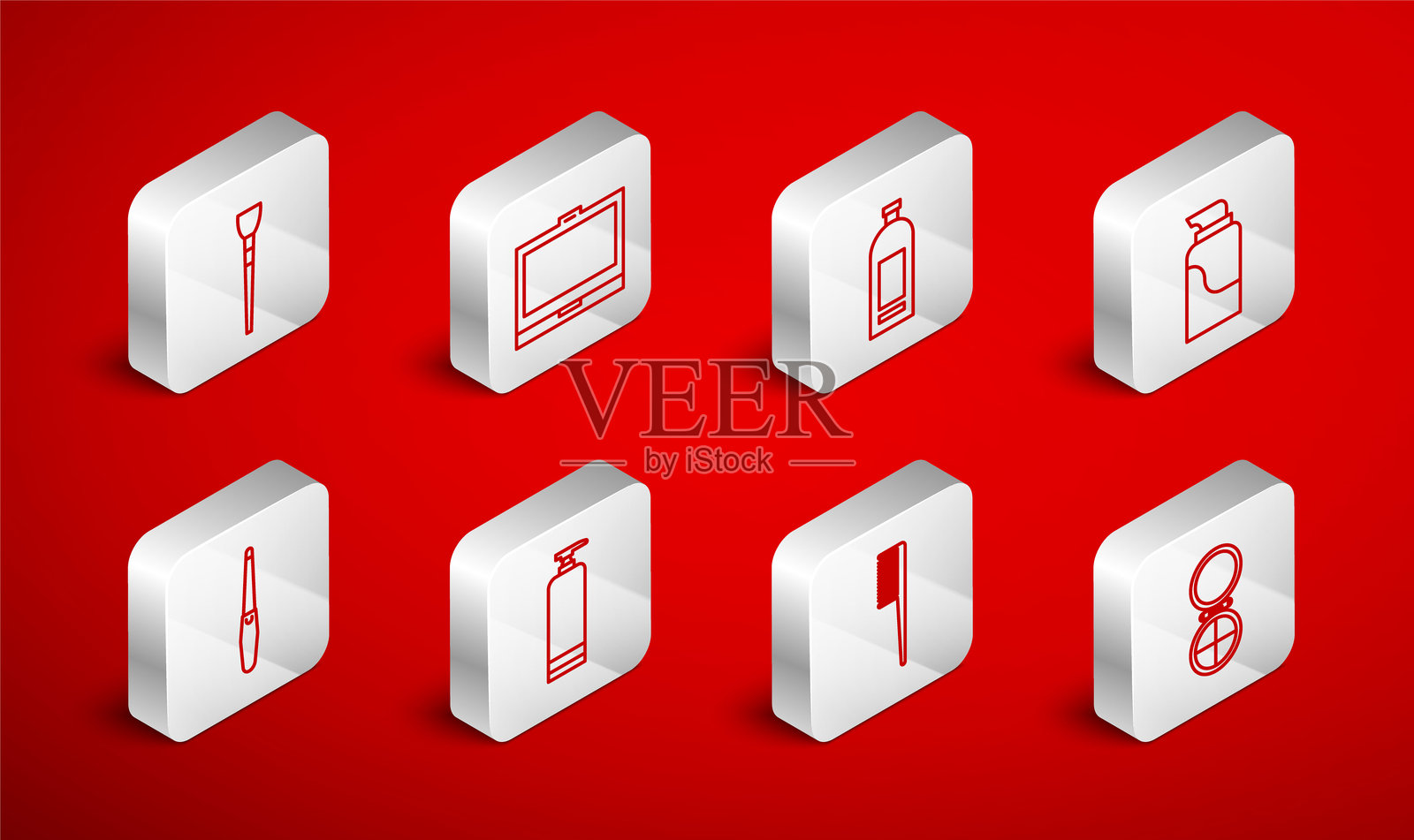 化妆粉、镜子、洗发水瓶、护肤霜管、发刷和指甲锉图标。矢量图。插画图片素材